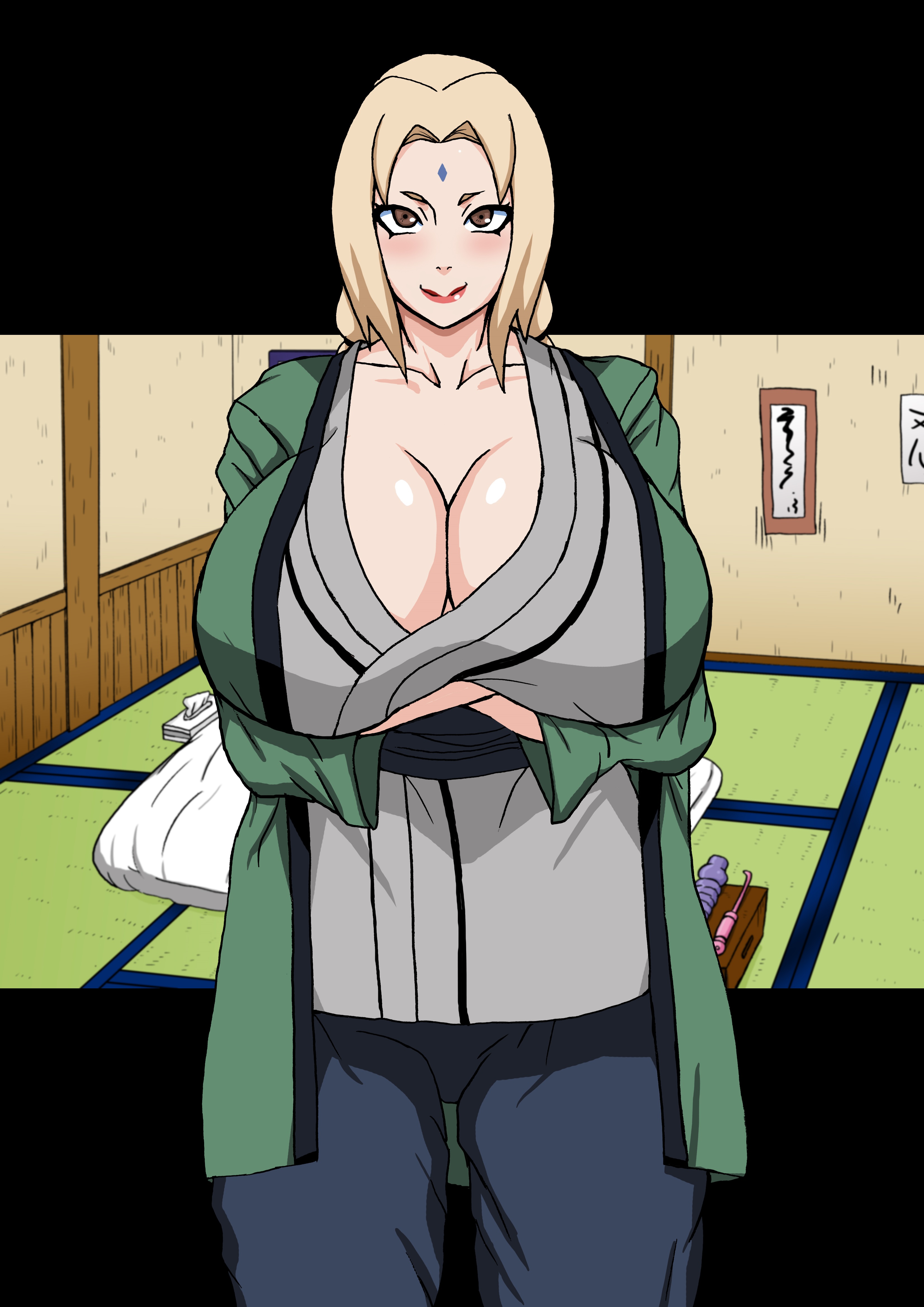 big breasts, blonde female, breasts, cleavage, clothed, clothed female, edit, female, jewel on forehead, milf, naruho, naruto, naruto (series), naruto shippuden, smiling at viewer, tagme, tsunade, waiting