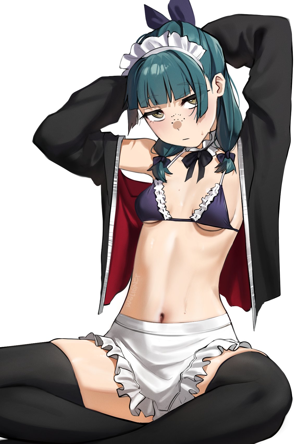 1girls, alternate version available, ambiguous eye color, apron, artoria pendragon (alter swimsuit rider) (cosplay), artoria pendragon (alter swimsuit rider) (second ascension) (cosplay), artoria pendragon (alter) (cosplay), bikini, black bikini, breasts, choker, commentary, cosplay, english commentary, fate (series), fate/grand order, female, female only, freckles, frilled bikini, frilled choker, frills, highres, jacket, kusuriya no hitorigoto, looking at viewer, maid, maid bikini, maid headdress, maomao (kusuriya no hitorigoto), navel, open clothes, simple background, sitting, small breasts, solo, swimsuit, thighhighs, turquoise hair, unconventional maid, waist apron, waligner, white background