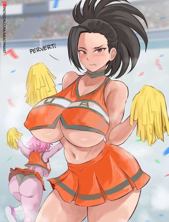 2girls, arachnart, big breasts, black hair, black-haired female, breasts, cheerleader, cheerleader uniform, crop top overhang, female, female only, mina ashido, momo yaoyorozu, multiple females, multiple girls, my hero academia, pink hair, pink-haired female, underboob
