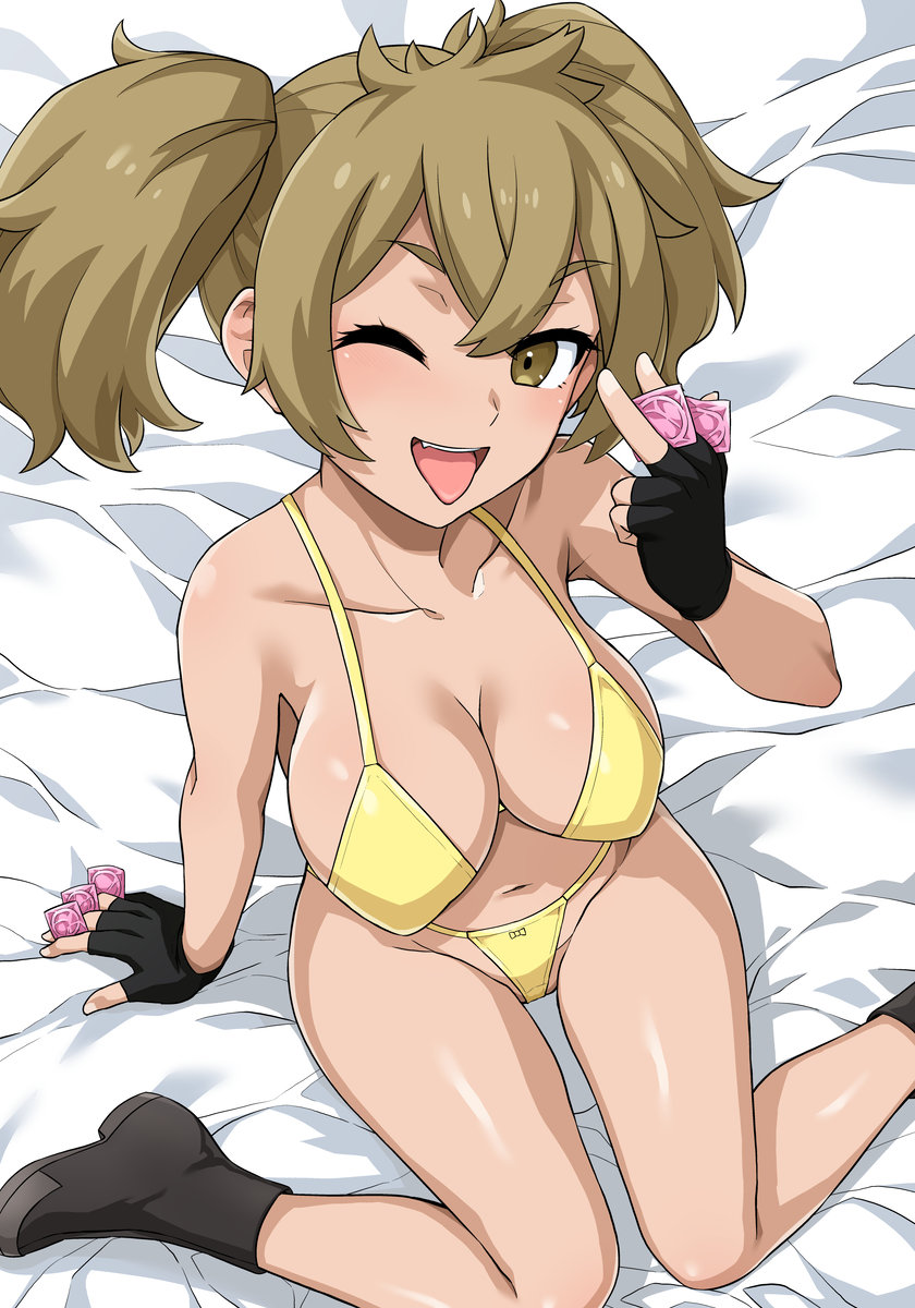 1girls arm_support bare_shoulders bed_sheet bikini black_footwear black_gloves breasts cleavage collarbone condoms crossed_bangs female fingerless_gloves from_above gloves groin gundam gundam_suisei_no_majo hair_between_eyes haruhisky highres holding holding_condom large_breasts light-skinned_female light_brown_hair light_skin looking_at_viewer looking_up multiple_condoms naughty_face navel one_eye_closed presenting renee_costa sitting solo swimsuit teeth tongue tongue_out twintails unopened_condom_wrapper upper_teeth_only v-shaped_eyebrows yellow_bikini