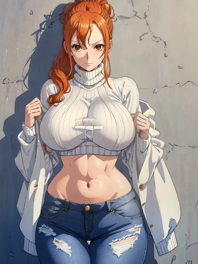 ai_generated big_breasts clothed crop_sweater denim_jeans female female_only ginger_hair nami nami_(one_piece) one_piece post-timeskip sweater thick zarazin