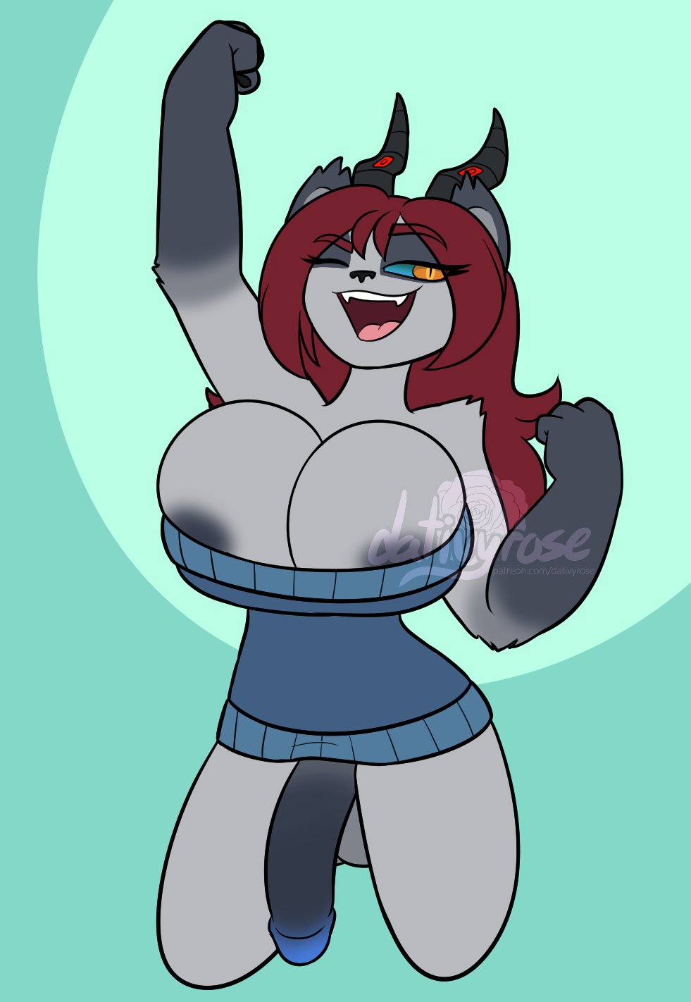 anthro big_breasts big_penis bottomless breasts clothed clothing dativyrose furry futanari huge_cock mostly_nude penis rilao_(pandarilao) solo thick_thighs wide_hips