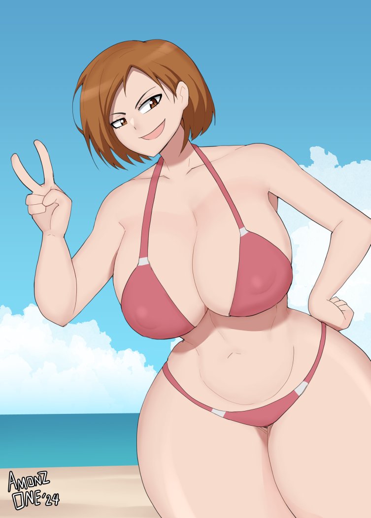 1girls 2024 amonzone artist_name beach big_breasts bikini jujutsu_kaisen kugisaki_nobara solo thick_thighs