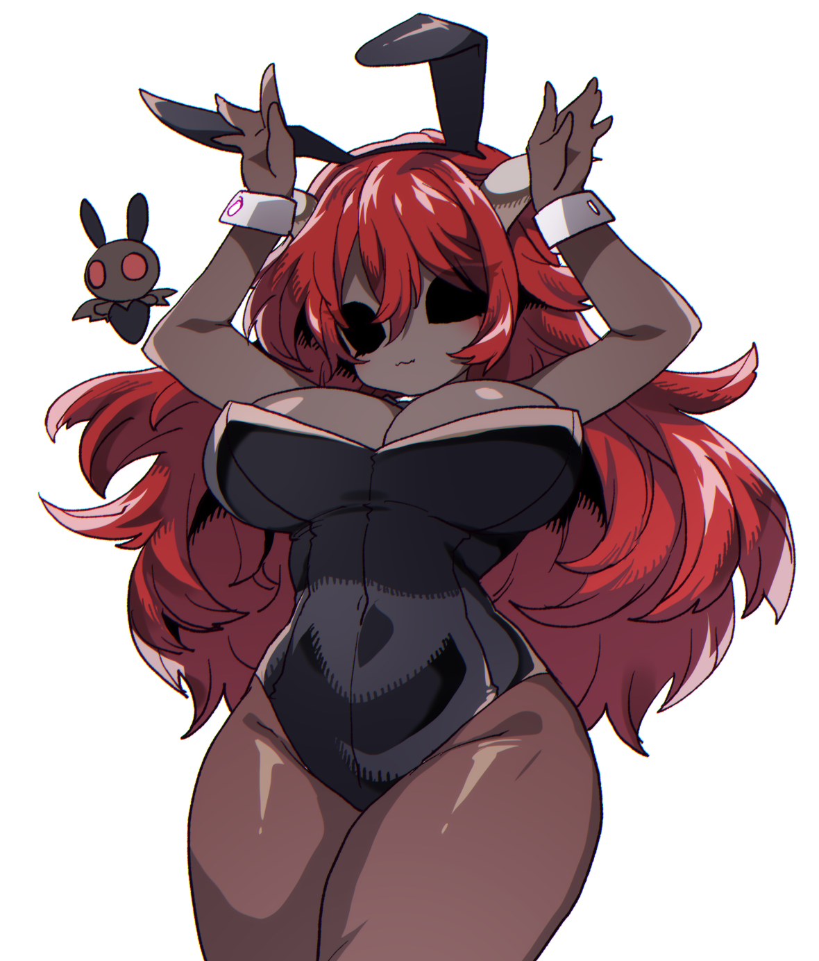 :3, 1boy, 1girls, big breasts, blush, breasts, bunny costume, bunny ears, bunnysuit, cleavage, demon, demon girl, demon horns, eyelashes, eyeless, female, hands up, incubus, incubus (the binding of isaac), leggings, lilith (the binding of isaac), long hair, male, masquikeita, pantyhose, posing, posing for the viewer, red hair, simple background, succubus, suggestive, the binding of isaac, thick thighs, tummy, underboob, white background, wide hips, wide thighs