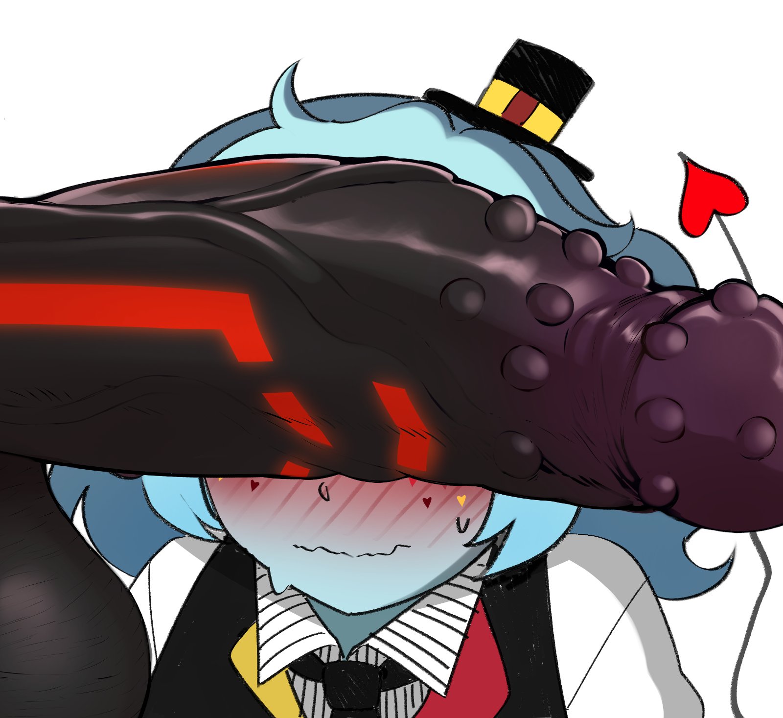 1boy, 1girls, balls, ballsack, big breasts, black sclera, blue body, blue hair, blue skin, blush, breasts, bumpy penis, demon, demon girl, demon horns, disembodied penis, erection, female, female focus, foreskin, foreskin folds, freckles, horns, humanoid, humanoid penis, jsq012, leotard, looking at viewer, male, opaluva, opaluva (character), partial male, penis, pointy ears, red eyes, retracted foreskin, scrotum, short hair, straight, testicles, thick thighs, uncircumcised, uncut, veiny penis
