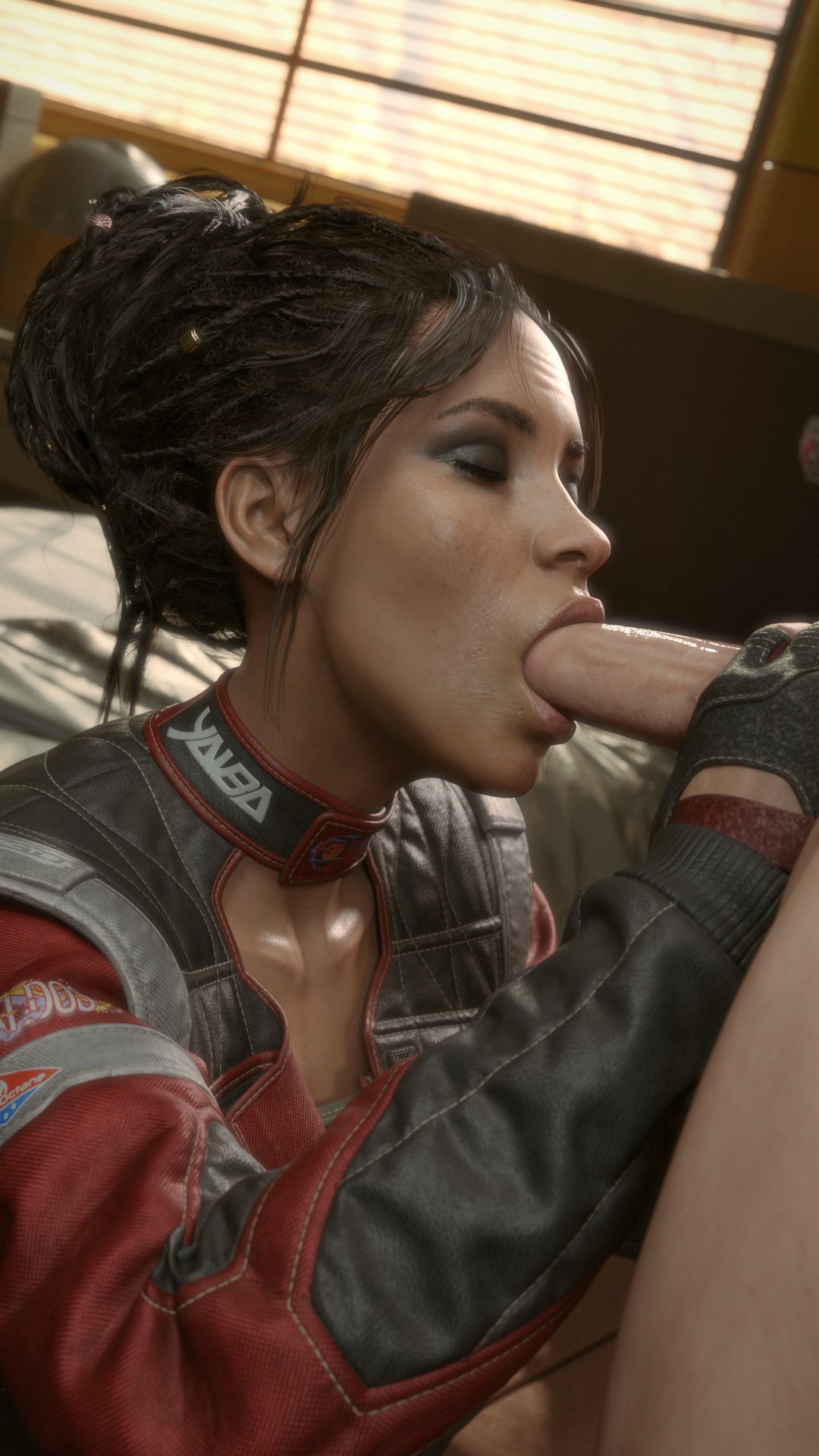 1boy, 1girls, 3d, 3d (artwork), afro-native, alternate costume, american, athletic, athletic female, bedroom, big penis, black gloves, black hair, blowjob, blowjob face, bluelight, brown eyes, brown hair, brown skin, brown-skinned female, cd projekt red, cfnm, closed eyes, clothed female nude male, cock worship, cyberpunk (series), cyberpunk 2077, dark skin, dark-skinned female, dreadlocks, eyebrow slits, eyelashes, eyes closed, eyeshadow, female, freckles, gloved handjob, gloves, hair bun, handjob, handjob while sucking, hi res, indoors, interracial, jacket, kneeling, light skin, light-skinned male, male, mature female, native american, oral, panam palmer, penis, relaxed, relaxing, seductive mouth, skinny, slim, sucking, sucking penis, tied hair