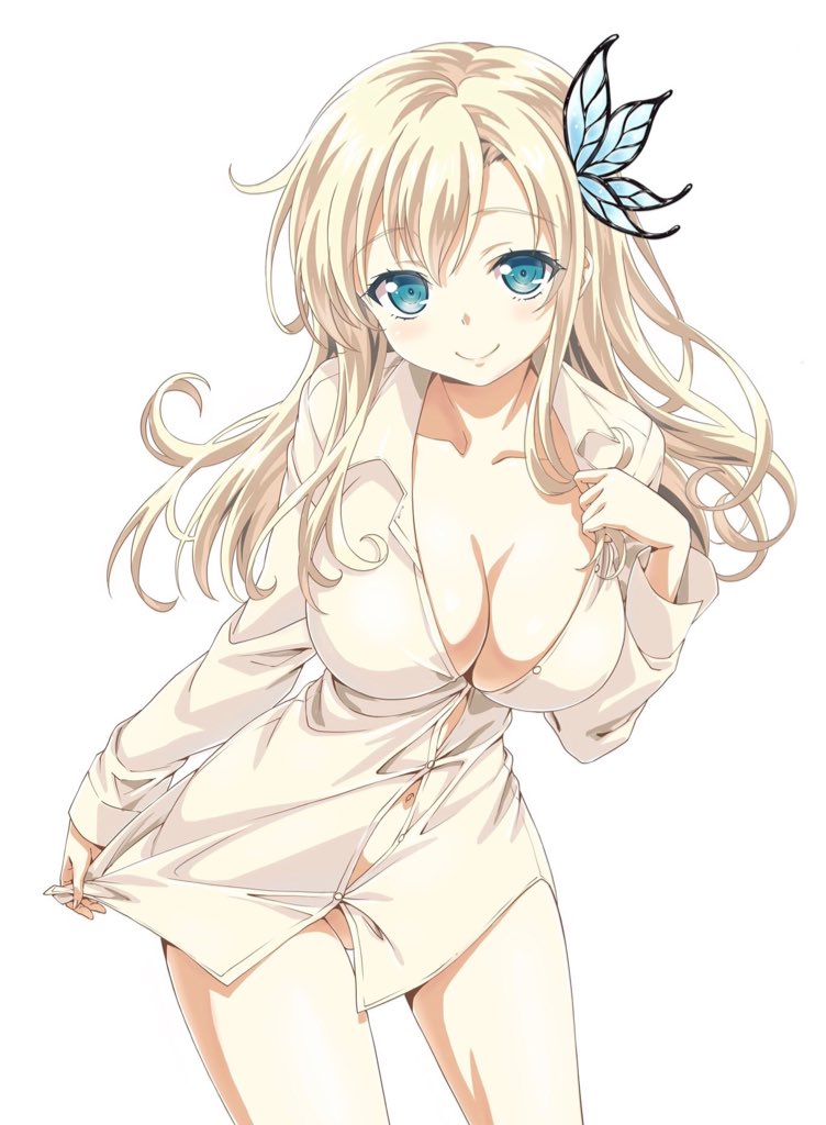 aqua_eyes blonde_hair boku_wa_tomodachi_ga_sukunai bottomless breasts buriki_(style) butterfly_hair_ornament cleavage closed_mouth clothes_pull commentary_request cowboy_shot female hair_ornament large_breasts leaning_forward light_smile long_hair looking_at_viewer official_style pulled_by_self sena_kashiwazaki shirt shirt_pull simple_background solo unbuttoned unbuttoned_shirt watanabe_yoshihiro white_background white_shirt