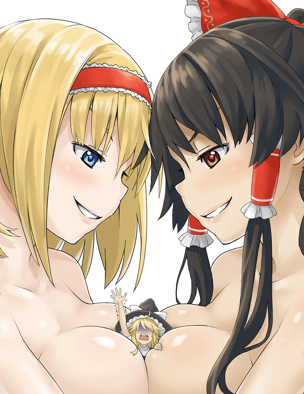 3girls alice_margatroid big_breasts blonde_female blonde_hair blonde_hair blonde_hair_female blue_eyes breasts brown_eyes brown_hair brown_hair brunette_hair clothed clothed_female giantess girl_sandwich hakurei_reimu height_difference implied_nudity kirisame_marisa kuro_oolong marisa_kirisame multiple_females multiple_girls reimu_hakurei size_difference smiling smiling_at_partner touhou touhou_project video_game_character