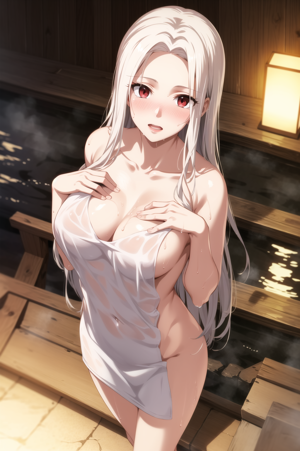 above_view ai_generated bathhouse breasts fate/grand_order fate/zero fate_(series) irisviel_von_einzbern looking_up nude nude_female towel towel_only towel_over_breasts viewed_from_above wet_towel