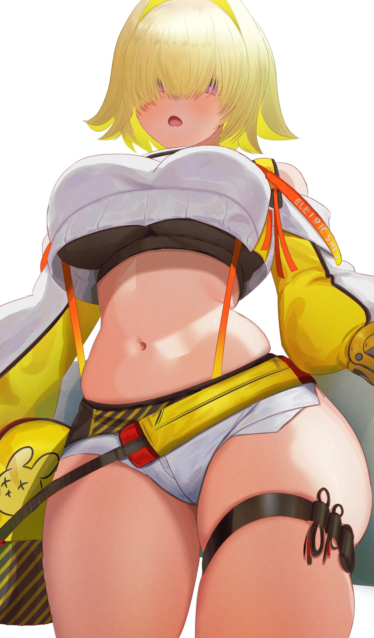 1girls big_breasts black_topwear blonde_hair booty_shorts breasts elegg_(nikke) female female_only goddess_of_victory:_nikke hair_over_eyes midriff navel ni_tamago_sando pale-skinned_female pale_skin purple_eyes short_shorts shorts shoulder_length_hair suspenders thick_thighs thigh_strap two_tone_hair underboob white_jacket