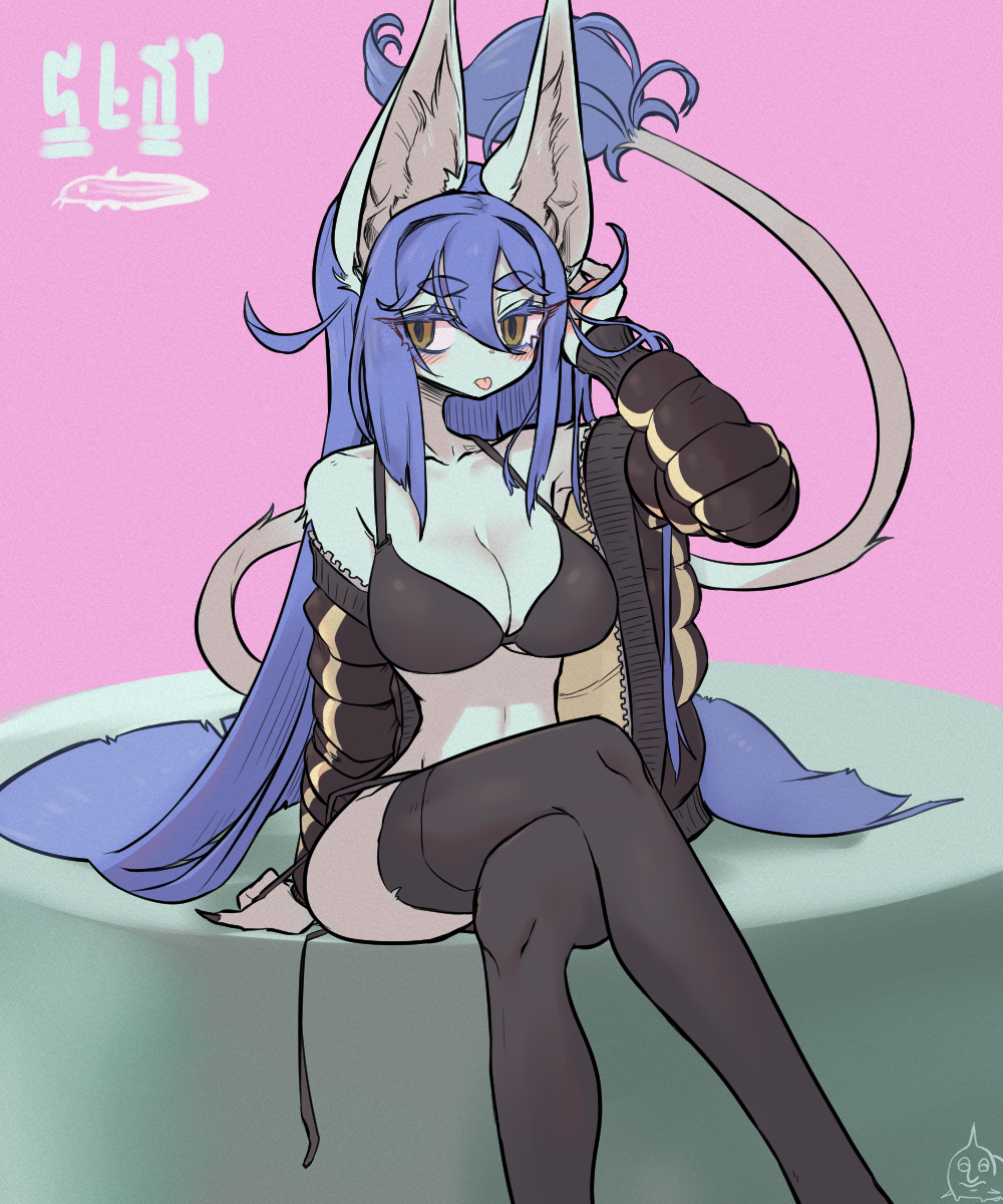 amboyna amboynav2 annabelle_(amboyna) bikini blue_fur blue_hair cat_ears cat_tail catgirl cleavage furry furry_female hips huge_breasts jacket large_breasts legs_crossed long_hair perky_breasts sitting slim_waist socks thick_thighs thigh_high_socks tongue tongue_out wide_hips