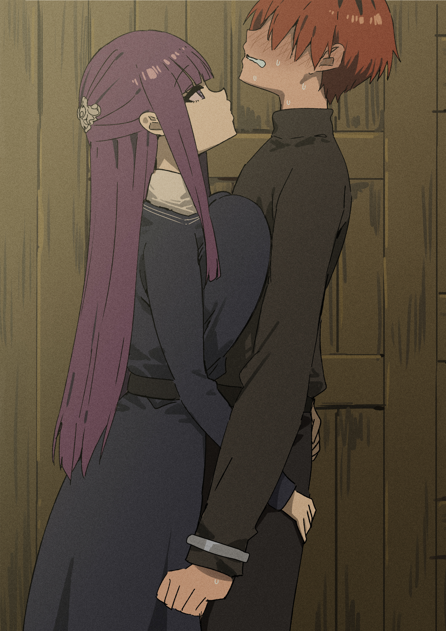 1boy, 1girls, assertive female, big breasts, blush, breast press, breasts, female, fern (sousou no frieren), hug, hugging, male, purple eyes, purple hair, red hair, sousou no frieren, stark (sousou no frieren), sweat