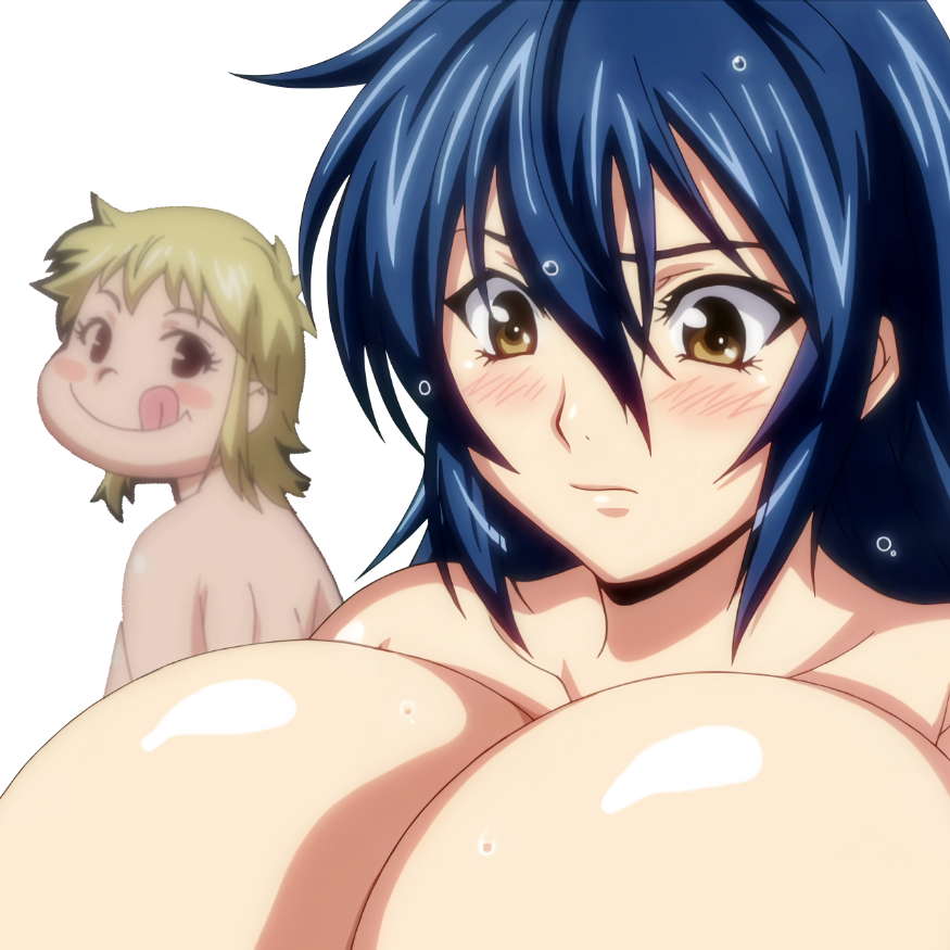 2girls blonde_hair blue_hair blush horny_female large_breasts manyuu_chifusa manyuu_hikenchou tongue_out