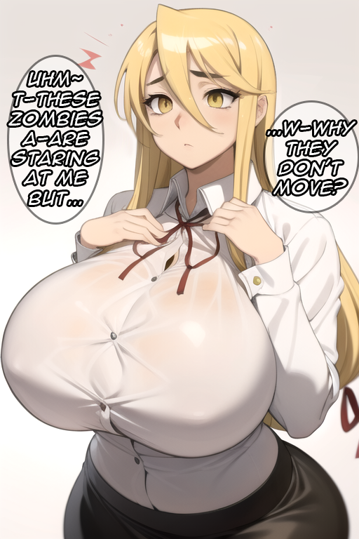 1girls ai_generated blonde_hair blush blushing confused daidouji_(artist) daidoujipv front_view gesture gigantic_breasts highschool_of_the_dead large_breasts long_hair looking_at_viewer nervous shizuka_marikawa tagme text text_bubble yellow_eyes