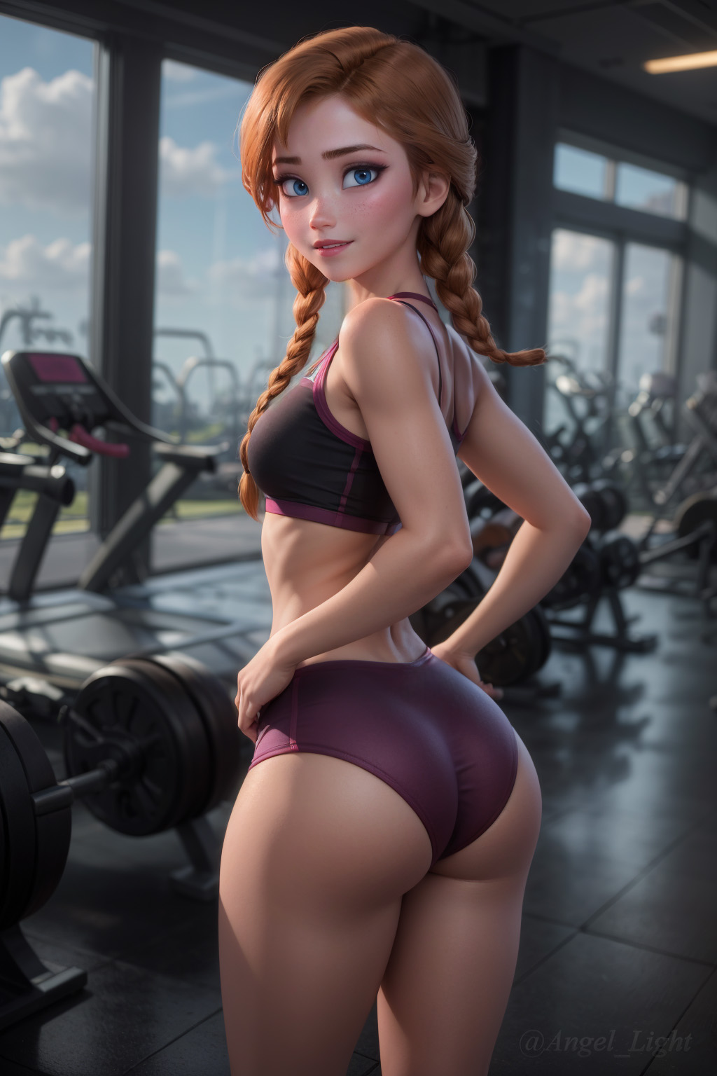 1girls, ai generated, angel light, angel light (artist), anna (frozen), ass, bra, disney, disney princess, female, frozen (film), gym, gym uniform, panties, princess, small breasts, sportswear