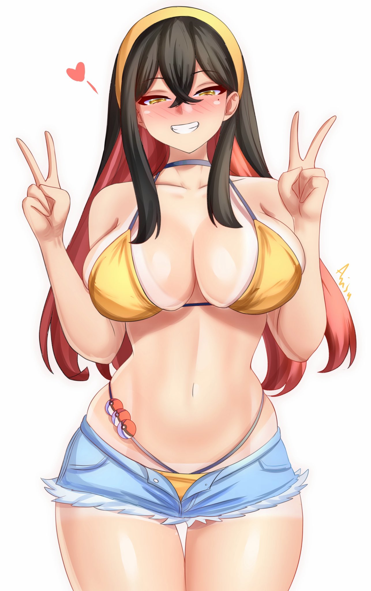 1girls alternate_breast_size anisdrawn bikini bikini_top black_hair blush booty_shorts breasts carmine_(pokemon) female gold_bikini hi_res jean_shorts large_breasts light-skinned_female light_skin long_hair midriff navel nintendo peace_sign pokemon pokemon_sv red_hair short_shorts shorts slim_waist smile tan tan-skinned_female tanned_skin two_tone_hair yellow_eyes