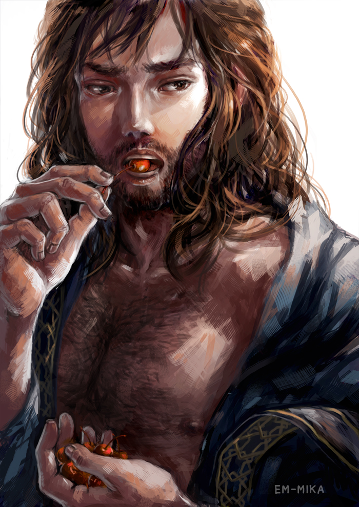 1boy 1male cherry dwarf eating em-mika kili long_hair long_hair_male seductive_look tagme the_hobbit