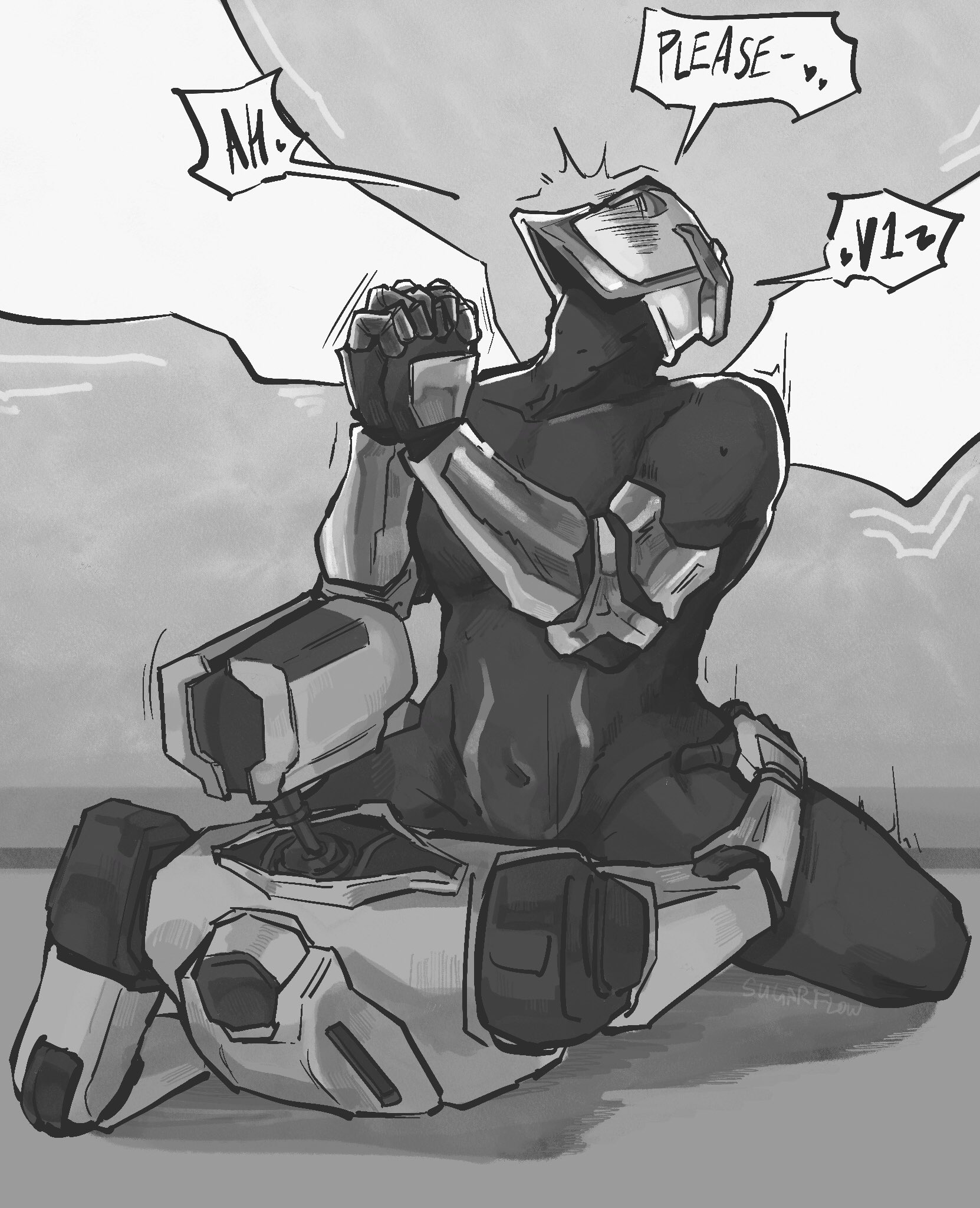 begging, english text, gabriel (ultrakill), greyscale, monochrome, no visible genitalia, pleading, riding, robot, robot on angel, spicefl0w, ultrakill, v1 (ultrakill)