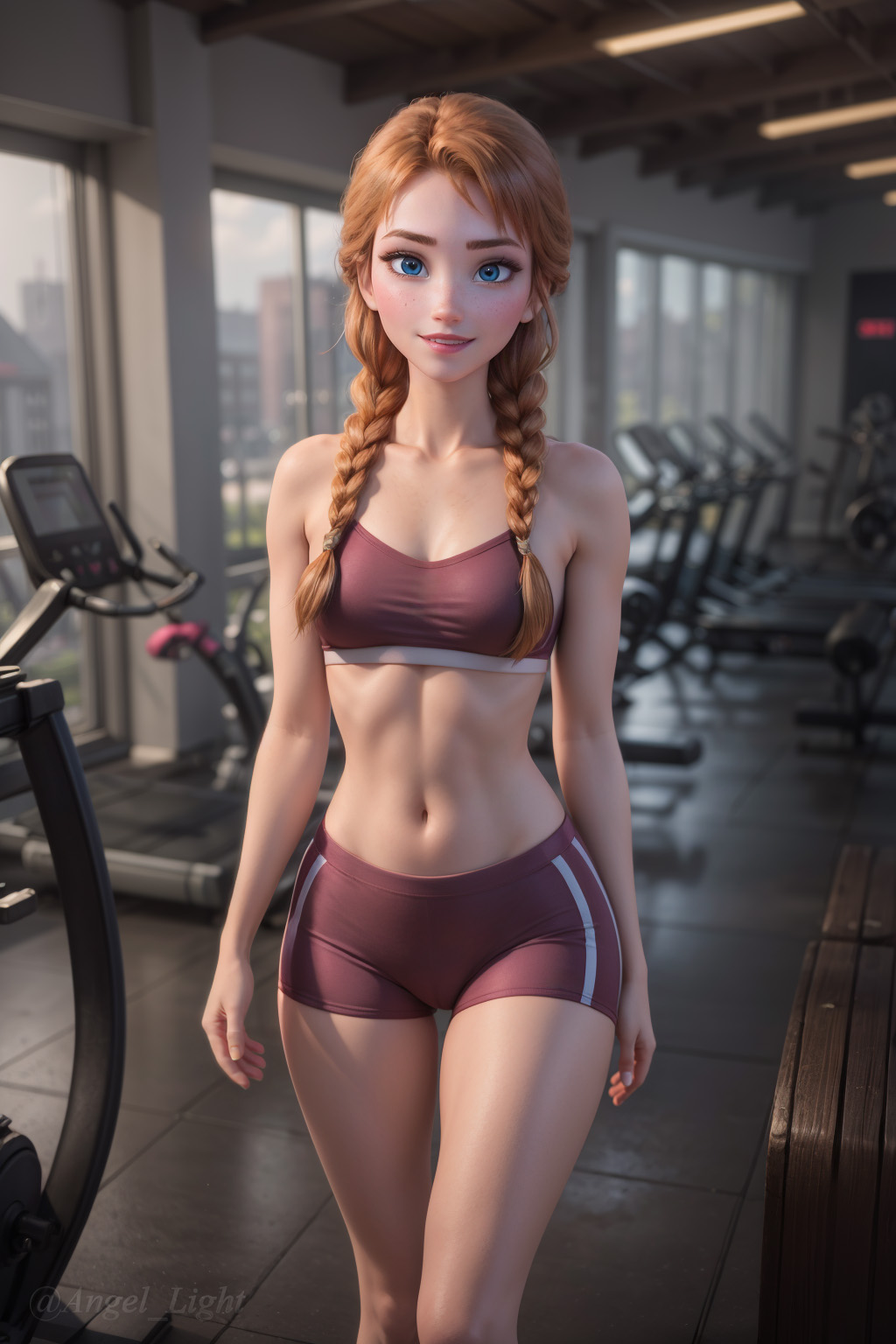 1girls, ai generated, angel light, angel light (artist), anna (frozen), bra, clothing, disney, disney princess, female, frozen (film), gym, gym uniform, princess, shorts, small breasts, sportswear