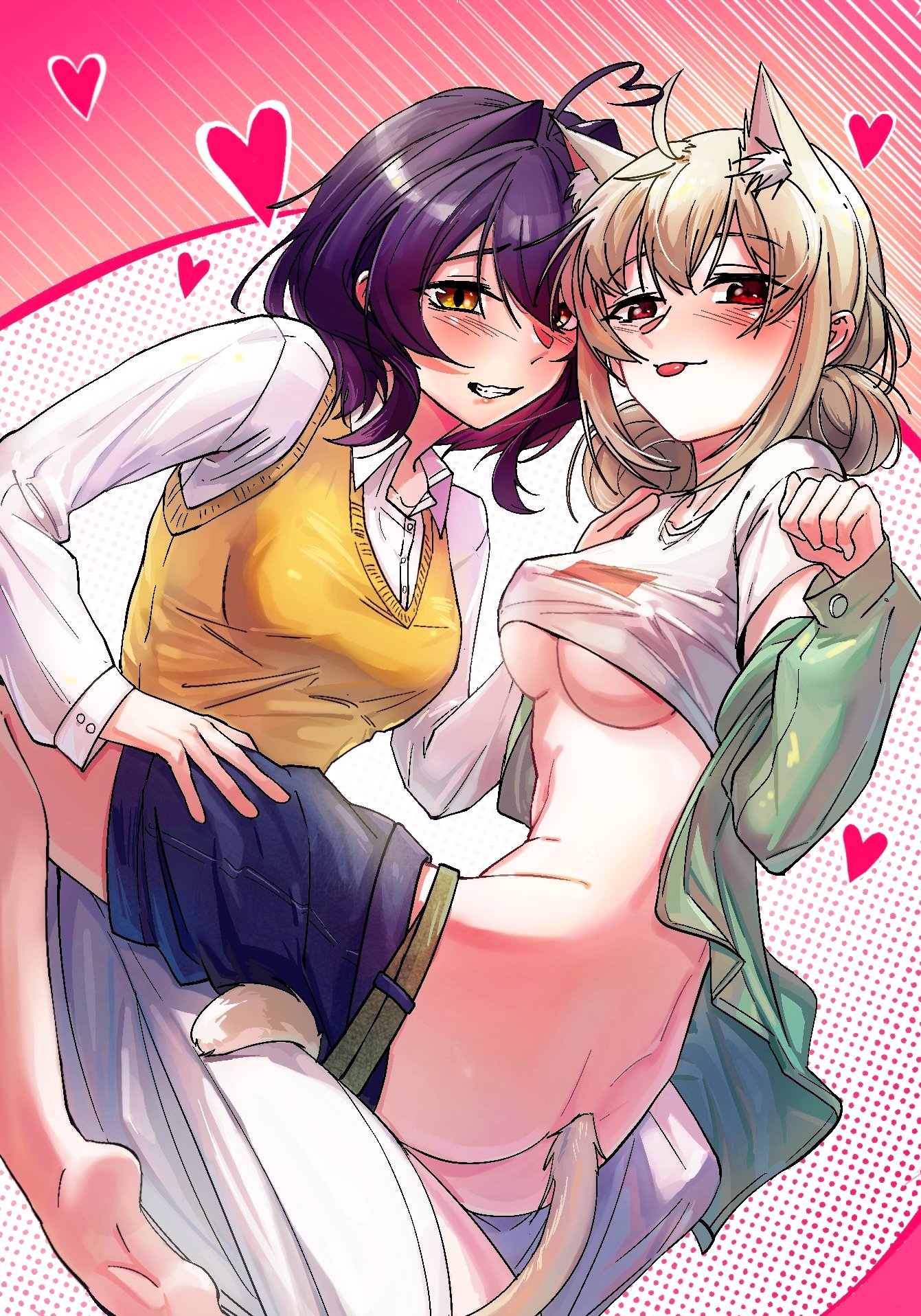 araga kiwi, breasts, cat ears, cat girl, cat tail, catgirl, female, hero45439083942, hiiragi utena, large breasts, mahou shoujo ni akogarete, no bra, no panties, underboob, yuri