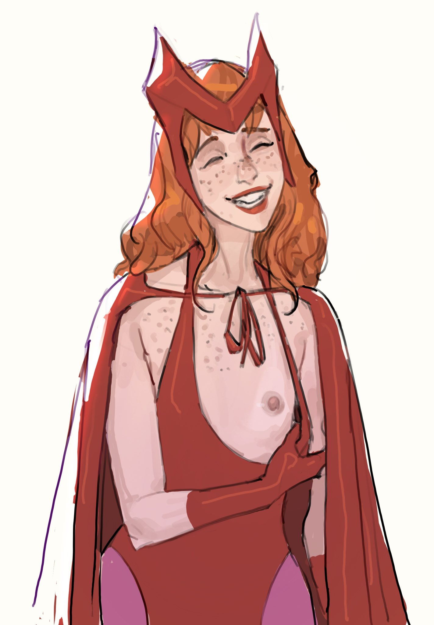 cape crown cute freckled_skin freckles ginger gloves happy headpiece hygienic_cat laughing leotard marvel one_breast_out petite pink_tights red_hair scarlet_witch showing_breasts small_breasts smiling superheroine wanda_maximoff