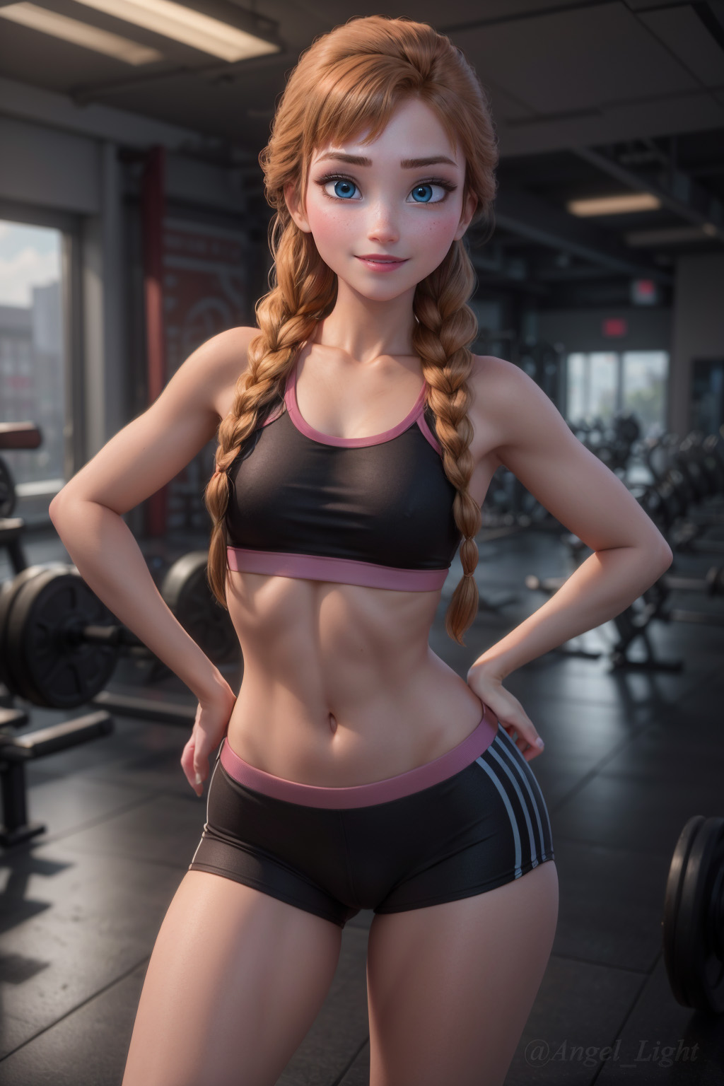 1girls, ai generated, angel light, angel light (artist), anna (frozen), bra, clothing, disney, disney princess, female, frozen (film), gym, gym uniform, princess, shorts, small breasts, sportswear