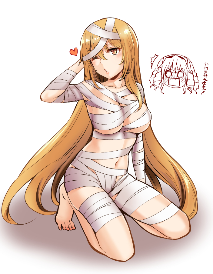 2girls blonde_female blonde_hair blush breasts females heart hokaze_junko large_breasts multiple_girls mummy mummy_costume nogi_yasuhito one_eye_closed partially_nude seductive shokuhou_misaki sparkling_eyes teenage_girl teenager to_aru_kagaku_no_mental_out to_aru_kagaku_no_railgun to_aru_majutsu_no_index yellow_eyes young younger_female