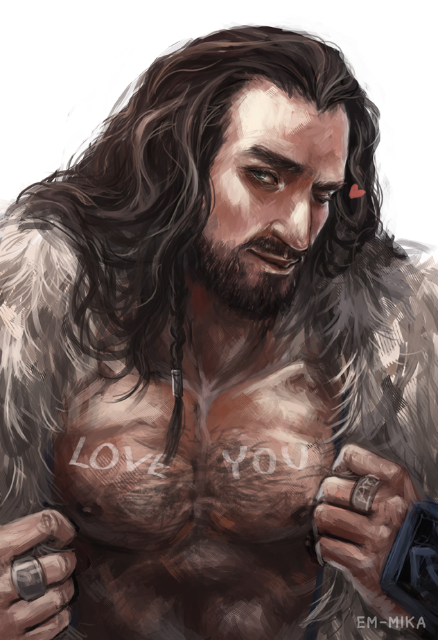 1boy braided_hair em-mika fur_collar heart_around_head long_hair long_hair_male looking_at_viewer male pulling_apart_shirt seductive_look tagme the_hobbit thorin_oakenshield winking winking_at_viewer writing_on_body writing_on_chest writing_on_skin