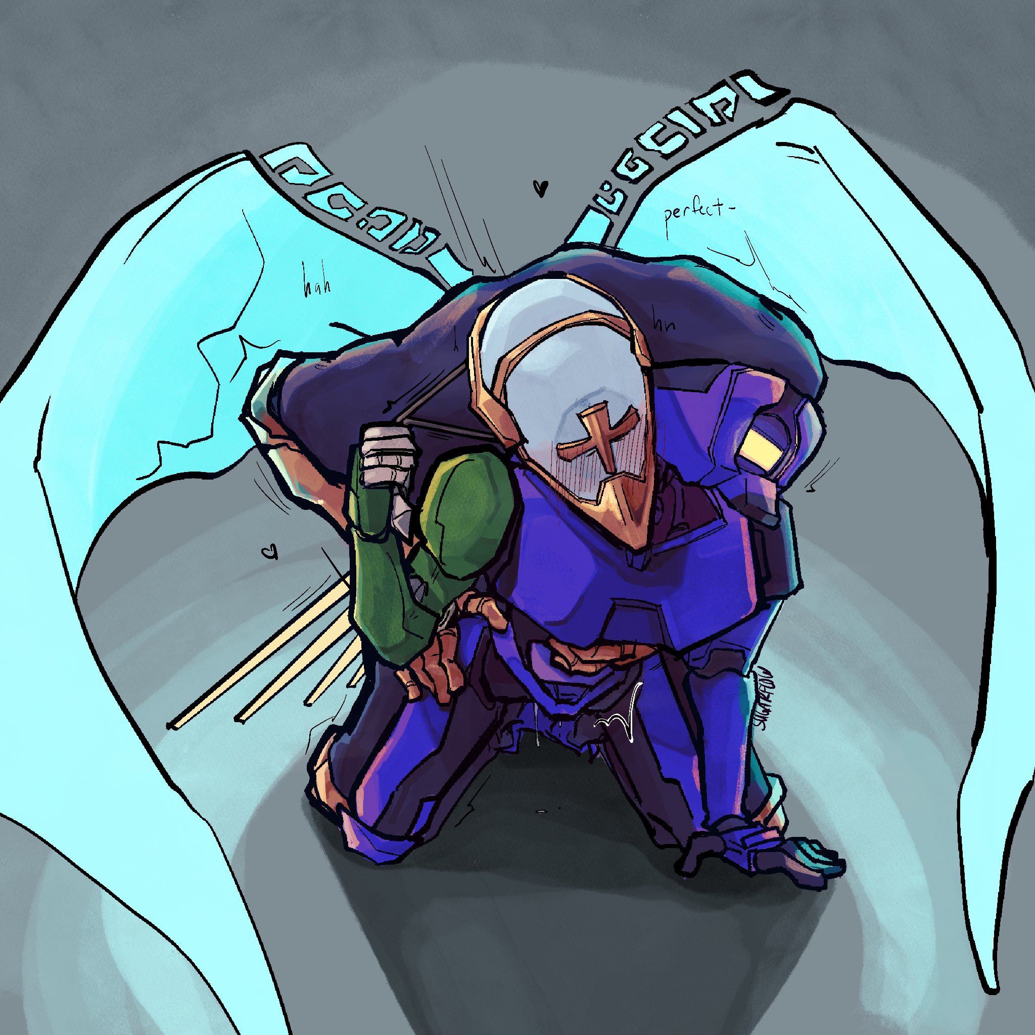 armor, big dom small sub, blush, collar, cum, cum drip, gabriel (ultrakill), leash pull, non-human only, power bottom, robot, sex, spicefl0w, ultrakill, v1 (ultrakill), wings