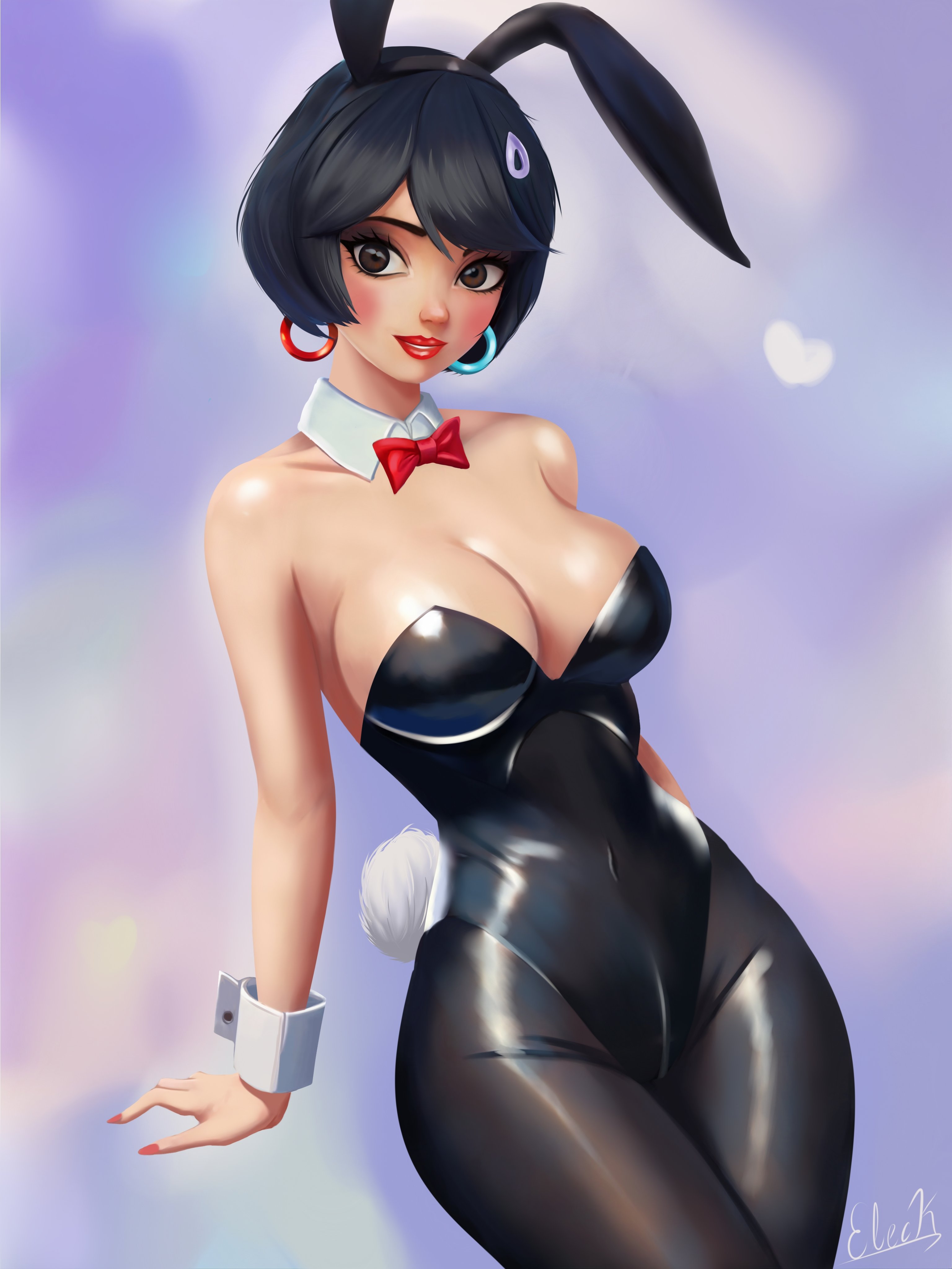 1girls, 2d, 2d (artwork), athletic, athletic female, big breasts, black hair, breasts, bunny costume, bunny ear, bunny ears, bunny ears headband, bunny girl, bunny tail, bunnysuit, cleavage, clothed, clothing, costume, digital drawing (artwork), digital media (artwork), earrings, eleckart, epic games, evie (fortnite), female, female focus, female only, fortnite, fortnite: battle royale, headband, headwear, light skin, light-skinned female, medium breasts, outfit, pose, posing, presenting, smile, smiling, solo, solo focus, standing, thick thighs, tie, watermark