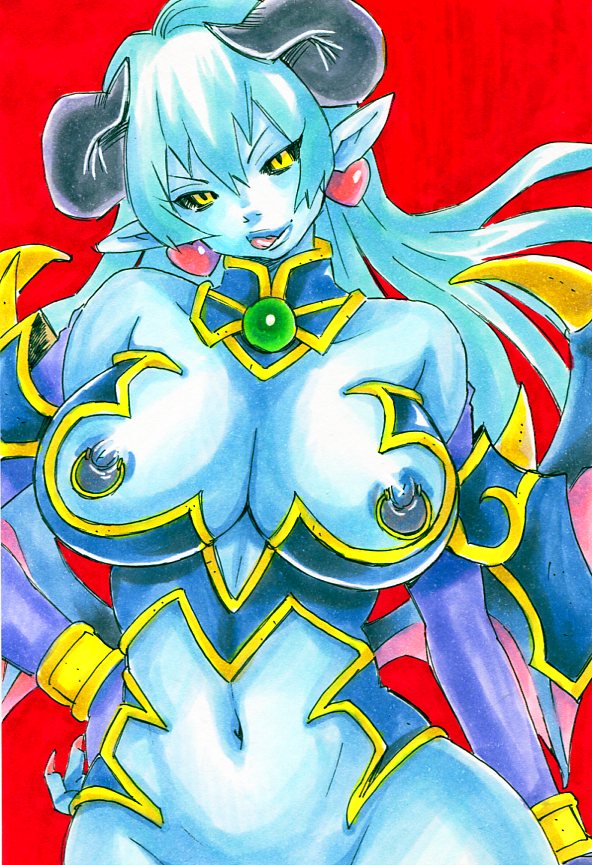 astaroth astaroth_(shinrabanshou) blue_skin clothing drawn large_breasts nipple_piercing nipple_rings shinrabanshou tagme