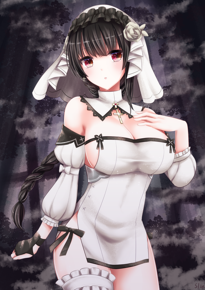 ankh bare_shoulders black_hair blush bow braid breasts bridal_garter cleavage commentary_request commission cross cross_earrings cross_necklace detached_sleeves dress earrings female fingerless_gloves flower frills gloves hand_on_own_chest itsumoto_hiroharu jewelry large_breasts long_hair looking_at_viewer necklace nun rabiane_(sinisistar) red_eyes rose sideboob single_fingerless_glove single_glove sinisistar skeb_commission solo strapless strapless_dress two-tone_dress veil white_dress white_flower white_rose white_veil