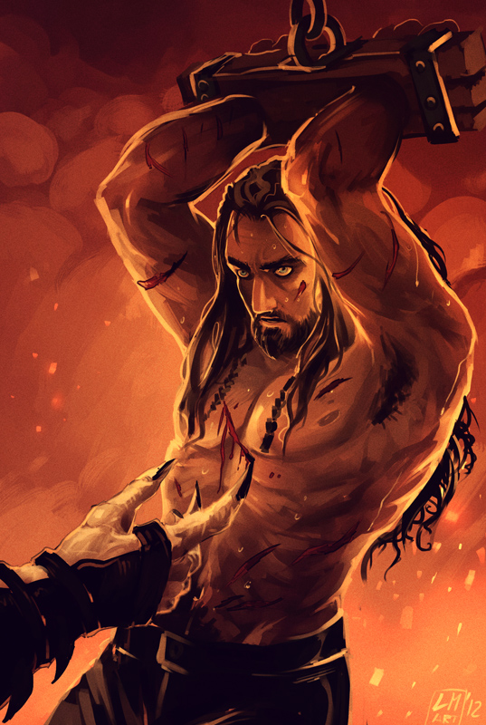 1boy abs armpit azog_the_defiler blood bondage bound gay male male_only pecs pubic_hair scars shirtless solo the_hobbit thorin_oakenshield