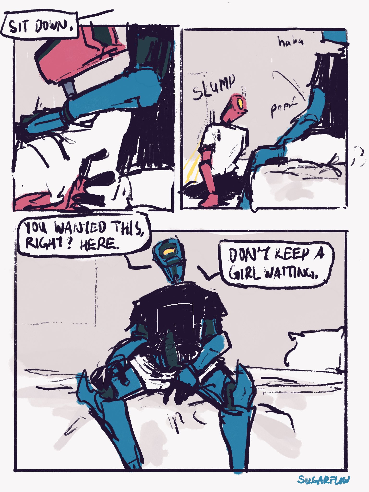 comic, comic page, english text, futanari, gay, gay domination, impending sex, intersex, mirage (ultrakill), non-human only, penis, robot penis, spicefl0w, sugarfl0w, ultrakill, v2 (ultrakill)