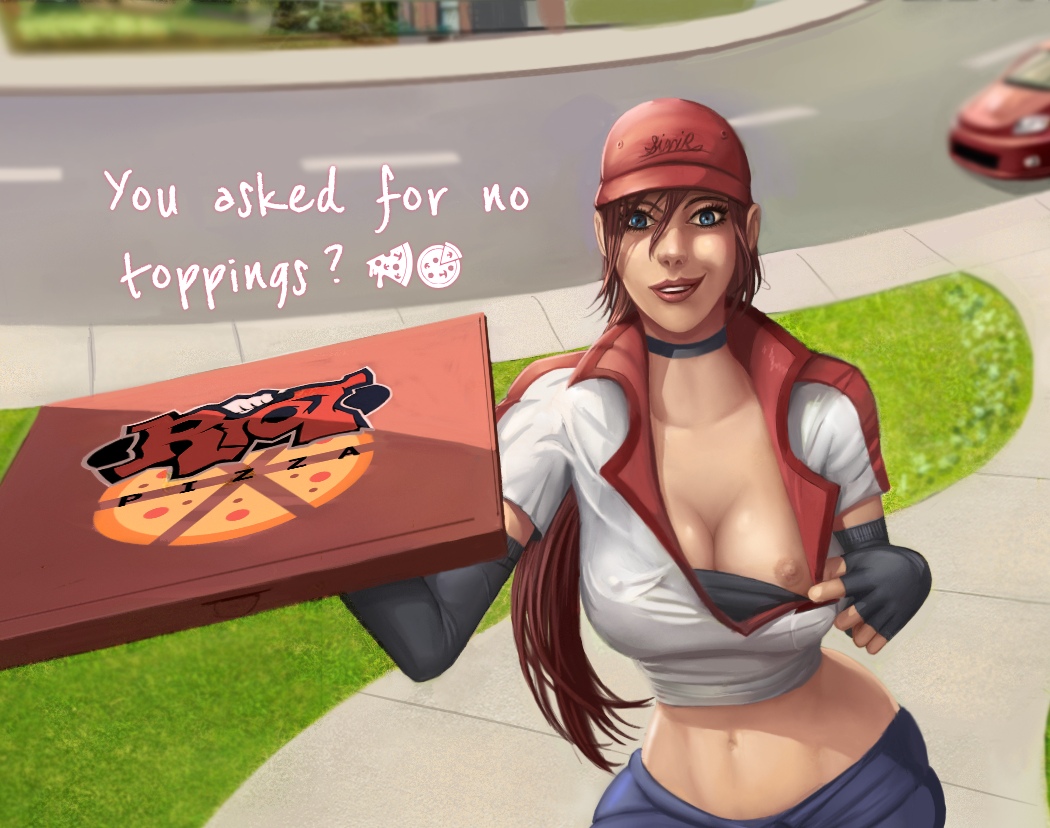 blackknight23 choker culinary_masters_series dark_hair hat large_breasts league_of_legends nipple_slip pizza_box pizza_delivery_sivir sivir