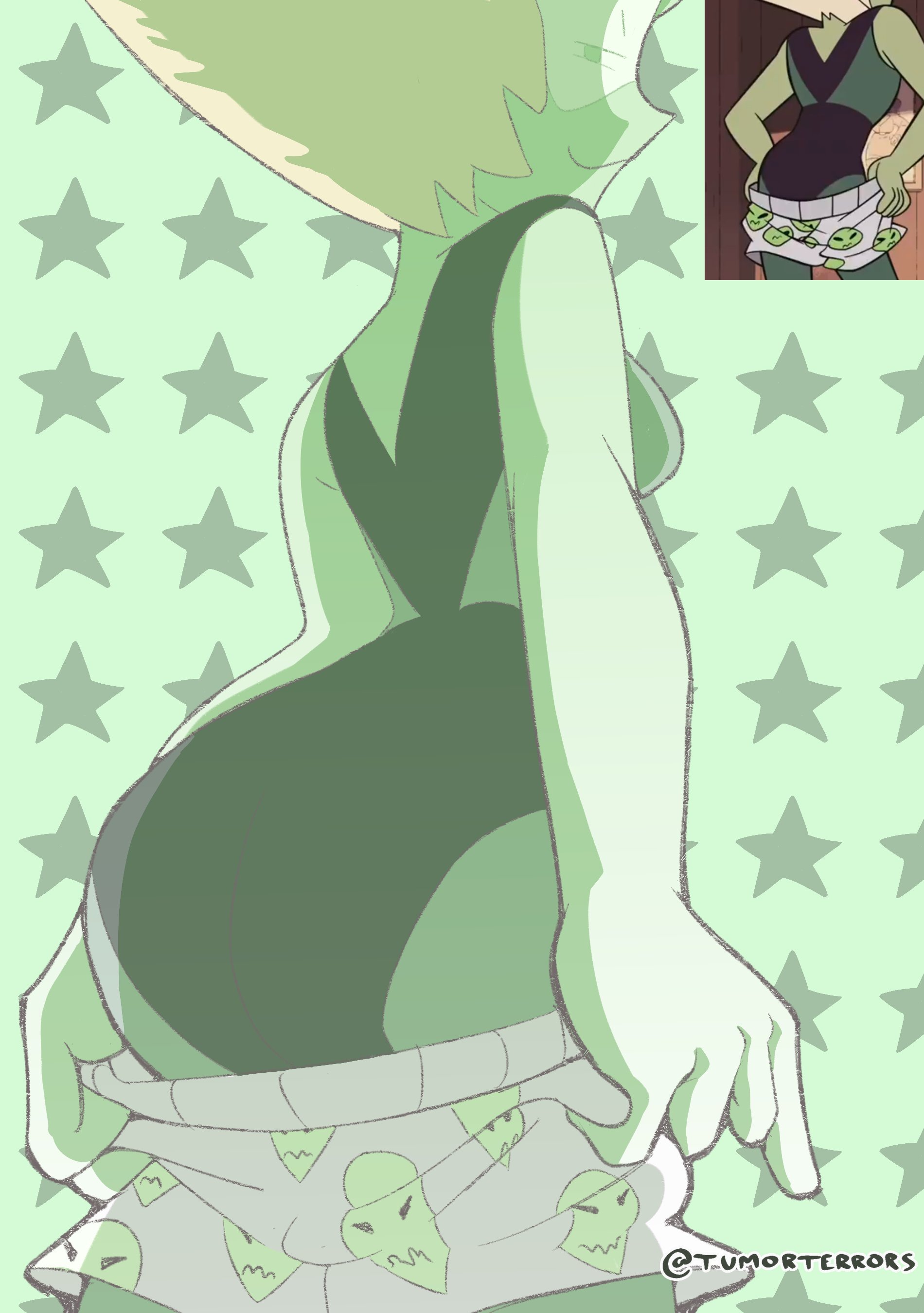 ass, big ass, big ass (female), big breasts, big butt, big thighs, big titties, breasts, cartoon network, curvaceous, curvaceous female, curvaceous figure, curvy, curvy figure, curvy hips, dressing, female, female focus, female only, grey skin, peridot (steven universe), pulling pants up, pulling up pants, putting on pants, putting pants on, reference image, short hair, shortstack, steven universe, tumorterrors, yellow hair