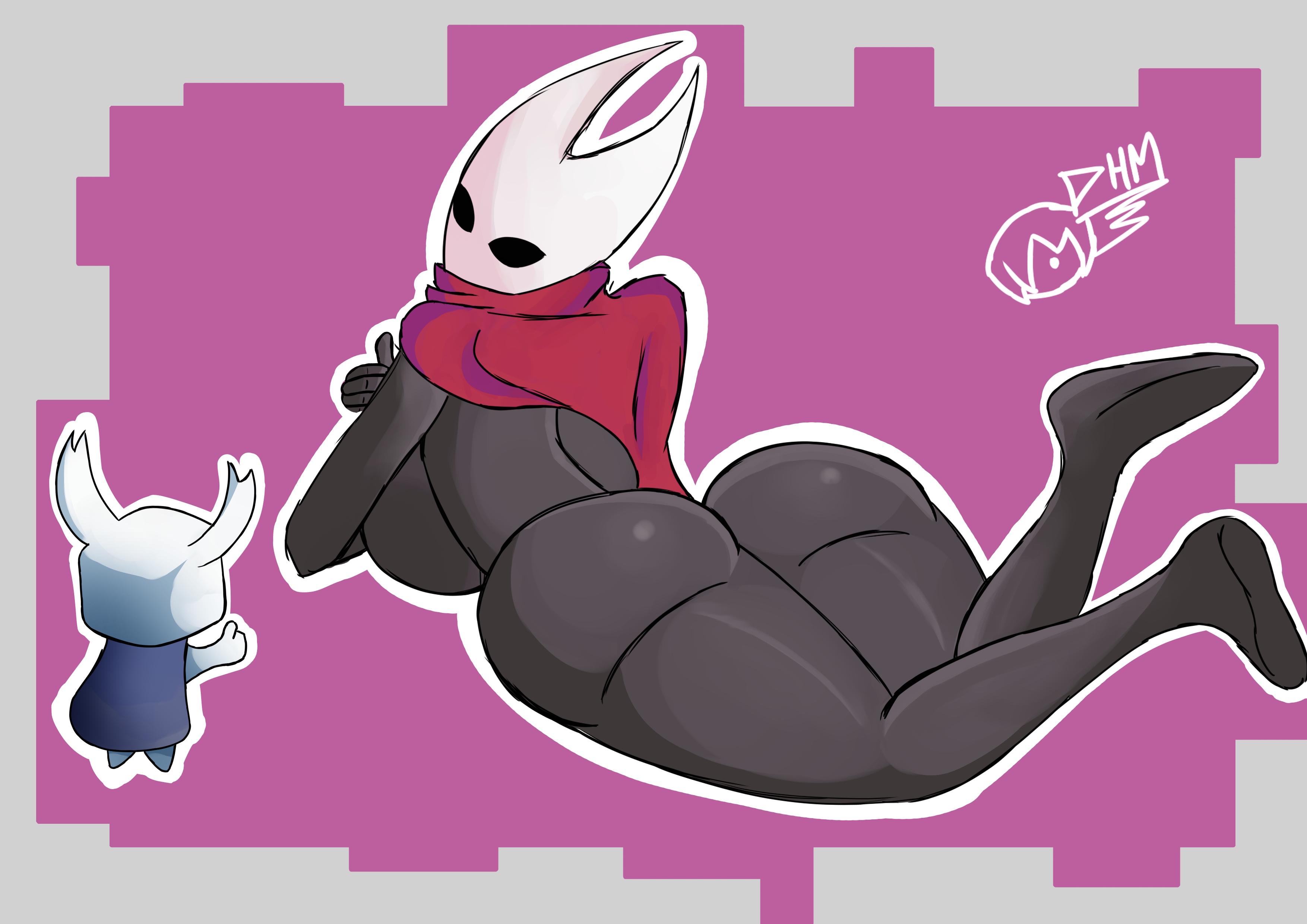 1boy, 1girls, ass, ass focus, back view, big ass, black body, cloak, dhm arts, eyebrowless, female, hollow knight, hornet (hollow knight), horns, incest, male, nude, nude female, partially clothed, siblings, size difference, solid eyes, the knight (hollow knight), thumbs up, vessel (species)