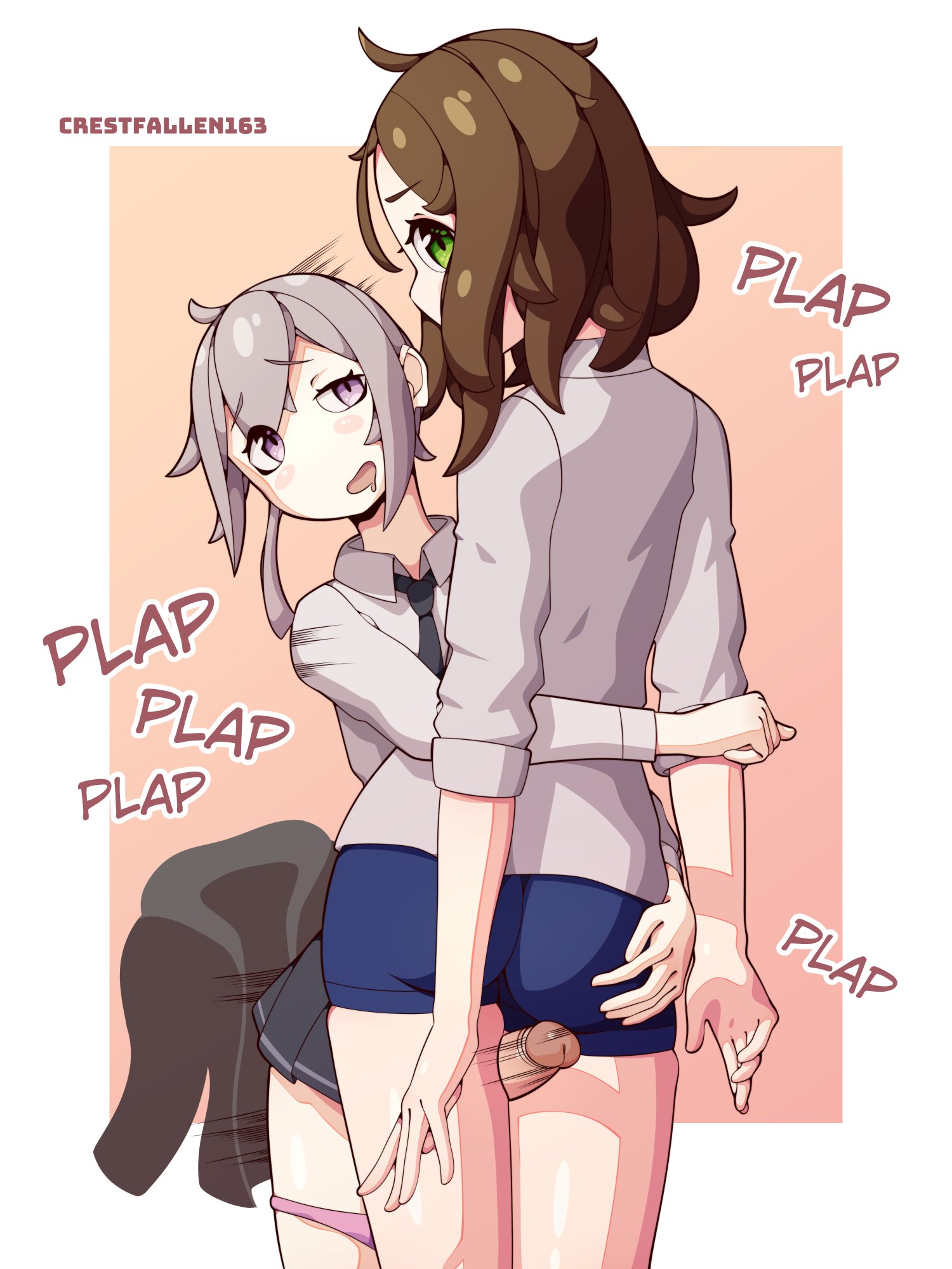 1boy, 1futa, alternate version available, artist signature, breasts, brown hair, clothed, clothing, commission, crestfallen163, duo, erection, female, fully clothed, futa on male, futanari, girls' frontline, green eyes, grey hair, human, intersex, light skin, light-skinned futa, light-skinned male, m200 (girls' frontline), male, mostly clothed, original character, panties down, penis, purple eyes, short hair, shorts, skirt, standing, thigh job, thigh sex, uniform