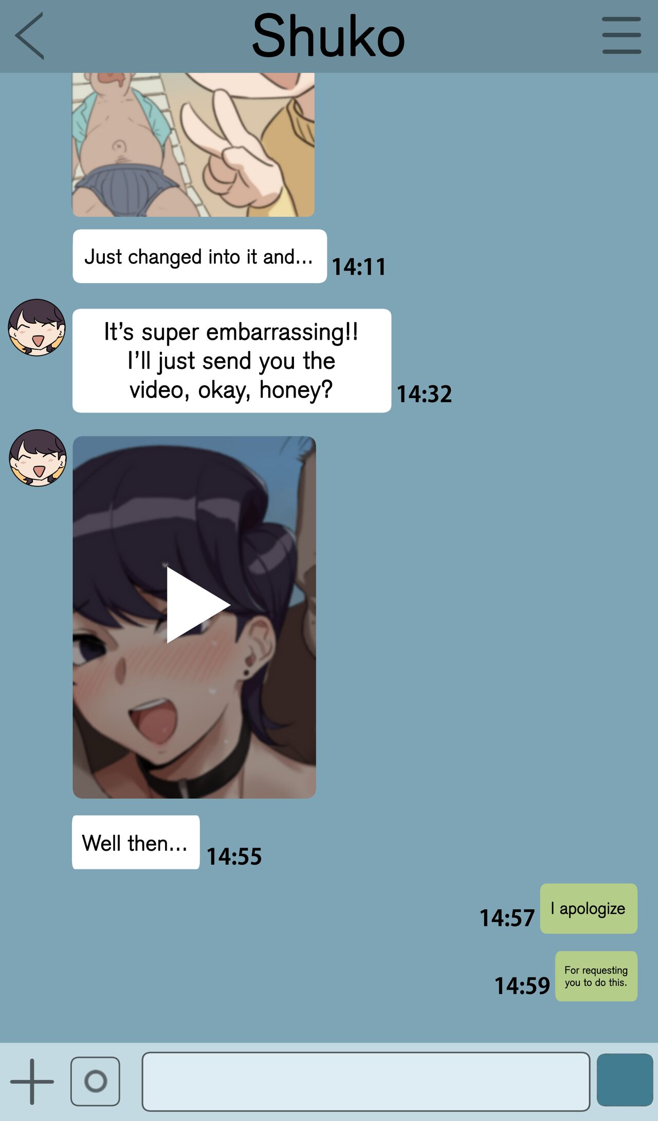 1boy, 1girls, blush, blush lines, chat log, cheating, choker, comic page, cuckold, ear piercing, english text, female, highres, komi shuuko, komi-san wa komyushou desu, kunaboto, light skin, light-skinned female, light-skinned male, male, mature female, milf, netorare, netorase, ntr, purple eyes, purple hair, tagme, text, text message, translated