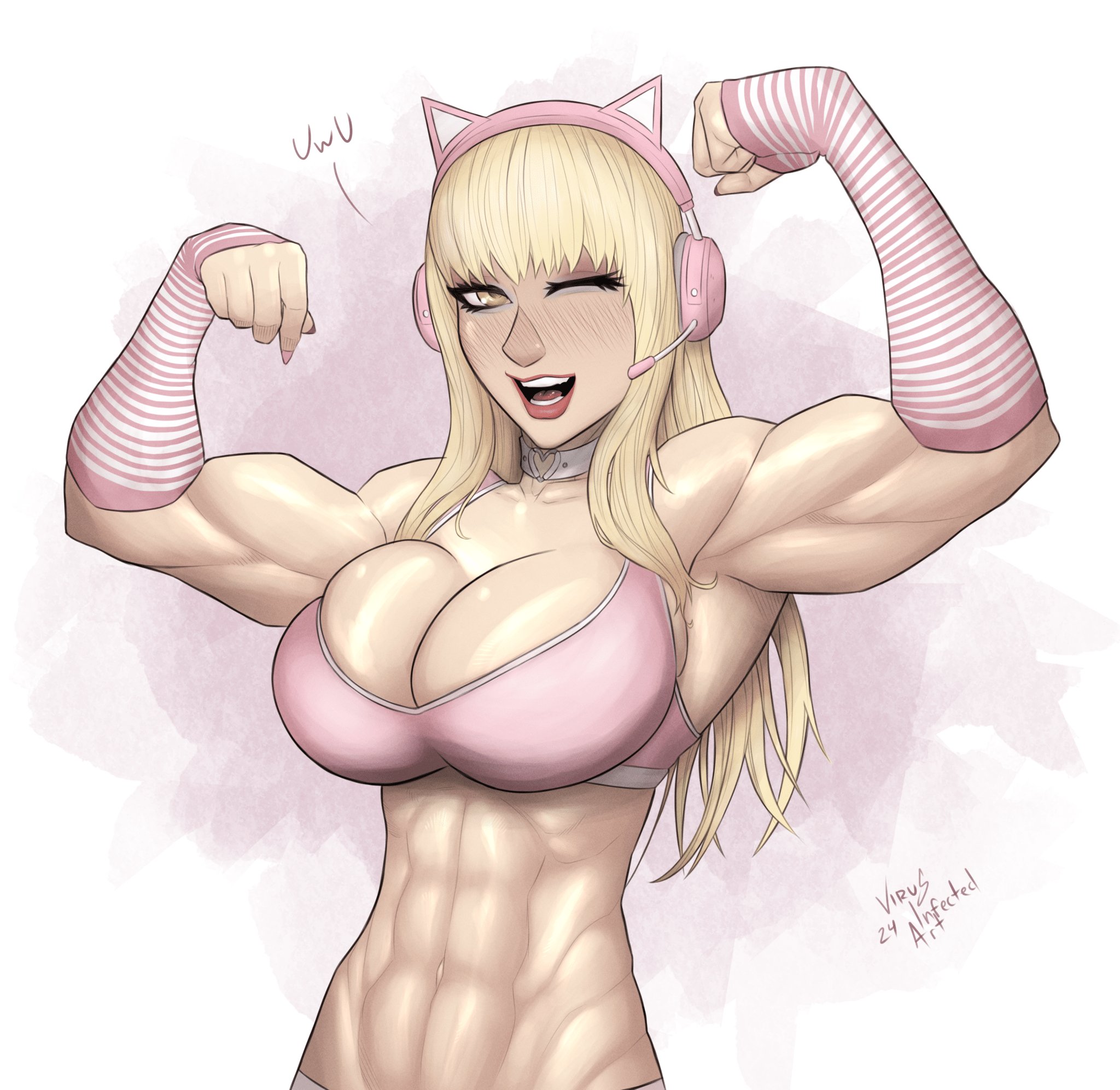 2024, abs, armpits, armwear, bangs, bare midriff, biceps, big breasts, blonde hair, bra, breasts, brown eyes, bursting breasts, busty, choker, cleavage, female, female focus, female only, flexing, hourglass figure, long hair, makeup, muscles, muscular, muscular female, nail polish, natalie uwu, navel, panties, pinup, pinup pose, sports bra, tagme, virus infected art, wide hips, wink, winking at viewer
