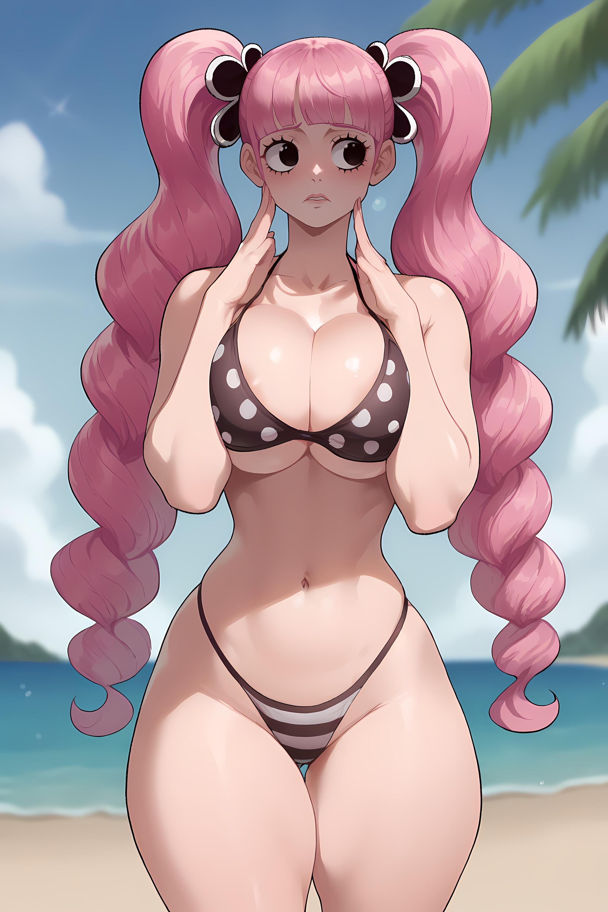 1girls, ai generated, azure (artist), bangs, beach, big breasts, bikini, breasts, facing viewer, female, female only, fit, fit female, hair ornament, hands on own face, large breasts, long hair, looking to the side, nails, navel, nervous expression, one piece, outdoors, outside, parted lips, perona, pink hair, pink-haired female, shounen jump, sky, slim, slim waist, solo, stable diffusion, standing, swimsuit, swimwear, tagme, thick thighs, thighs, twintails, very long hair