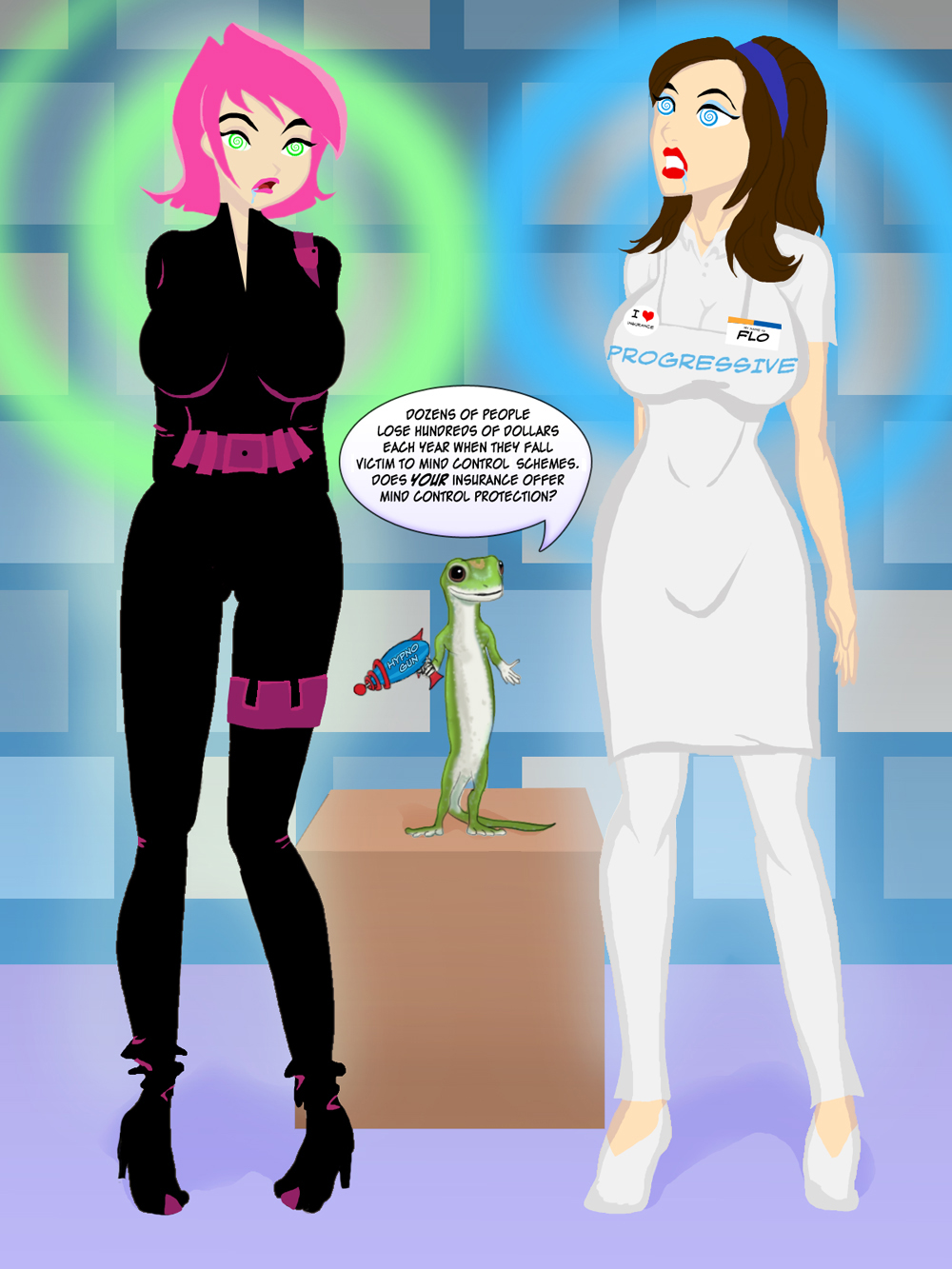 2girls areolae bondage breasts brown_hair celebrity erin_esurance esurance femsub flo_(progressive_insurance) gecko geico geico_gecko high_tech mascot mind_control multiple_girls multiple_subs progressive_auto_insurance stephanie_courtney trishbot