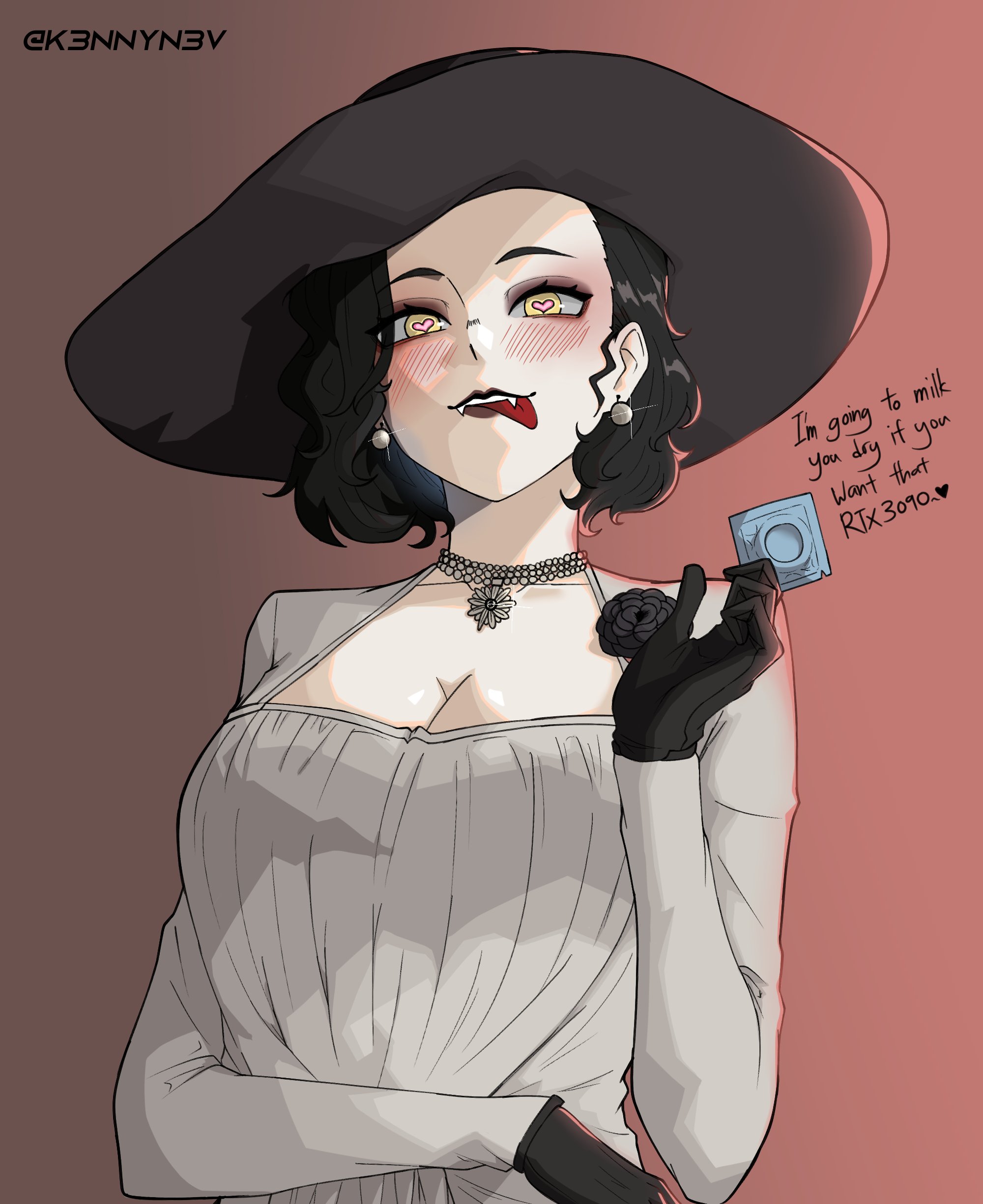 alcina dimitrescu, alternate version available, black hair, blushing, breasts, cleavage, condom, dress, fangs, female, gloves, hat, heart-shaped pupils, imminent sex, k3nnyn3v, large breasts, licking lips, light skin, light-skinned female, looking at viewer, milf, pov, pov eye contact, resident evil, resident evil 8: village, short hair, solo