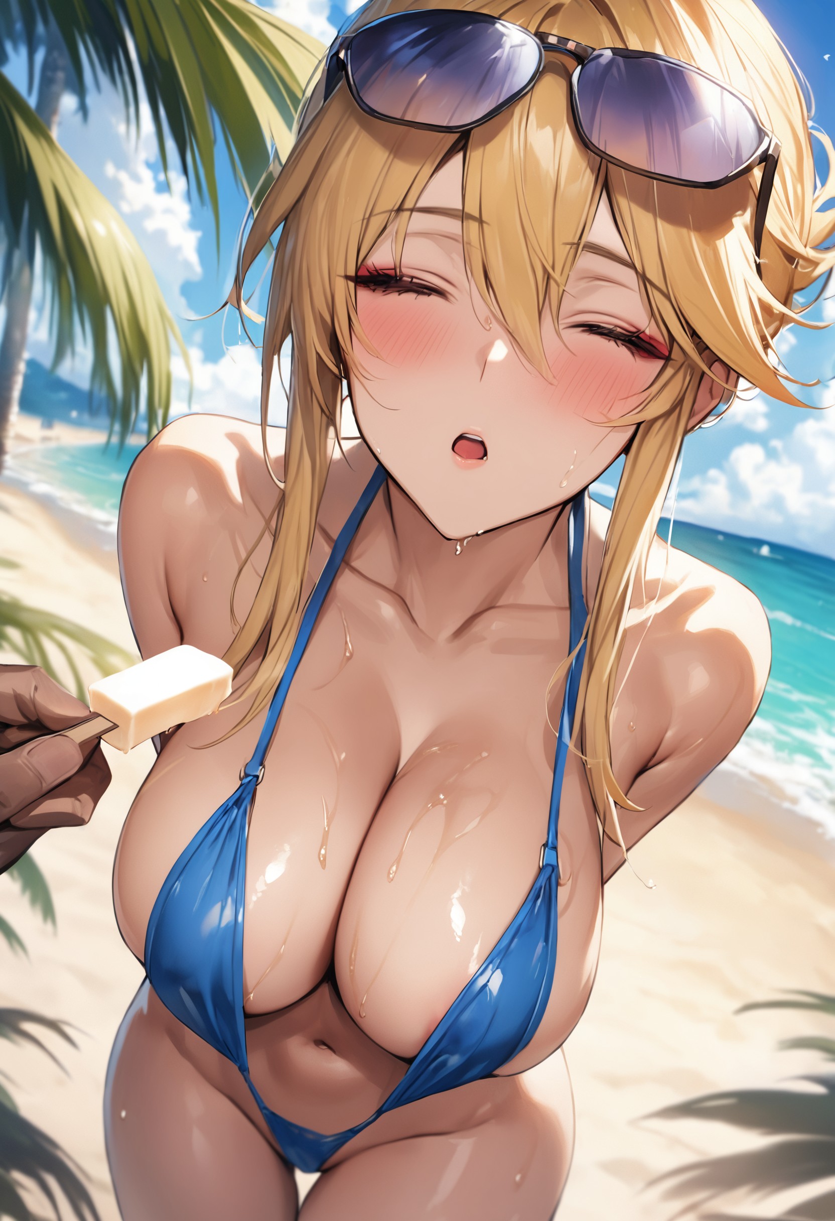 1boy, 1girls, ai generated, artoria pendragon, artoria pendragon (lancer), beach, big breasts, big thighs, bikini, blonde hair, blue bikini, blue sling bikini, blush, breasts, busty, cleavage, fate (series), fate/grand order, female, flyingpancake, full cleavage, green eyes, huge breasts, huge thighs, large breasts, large thighs, male, mature female, milf, navel, sling bikini, slingshot swimsuit, sunglasses, sunglasses on head, swimsuit, thick thighs, thighs, voluptuous