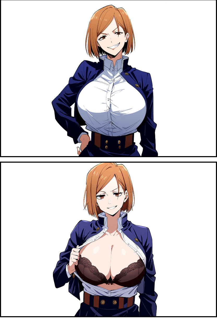 1girls, ai generated, big breasts, bra, breasts, brown eyes, brown hair, busty, cleavage, female, flashing, flashing breasts, huge breasts, human, jujutsu kaisen, kugisaki nobara, large breasts, looking at viewer, school uniform, short hair, smirk, smirking at viewer, solo