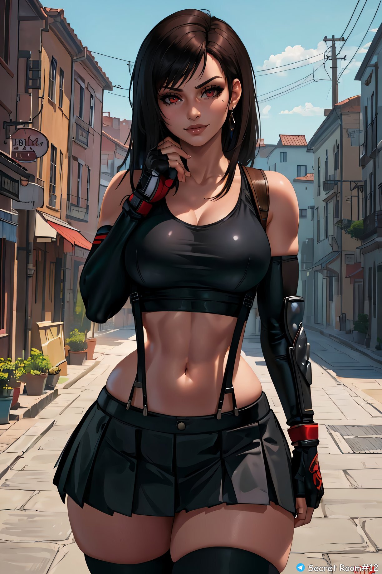 1girls, abs, ai generated, asian, asian female, belly, big hips, black crop top, black hair, black skirt, breasts, crop top, day, daytime, earring, facing viewer, female, female only, final fantasy, final fantasy vii, front view, gloves, light skin, light-skinned female, looking at viewer, navel, outdoors, red eyes, secret room12, shiny skin, sky, solo, stable diffusion, thighhighs, tifa lockhart