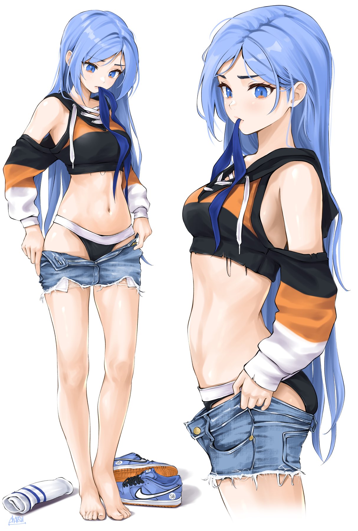 1girls black_clothing black_panties black_sweater blue_clothing blue_eyes blue_hair blue_pants chaesu clothed crop_top female female_focus female_only hoodie hotpants human long_hair minah nike orange_clothing orange_eyes orange_sweater original original_character panties_exposed skirt slender_legs sneakers solo sweater thighs tsundere underwear white_clothing white_sweater