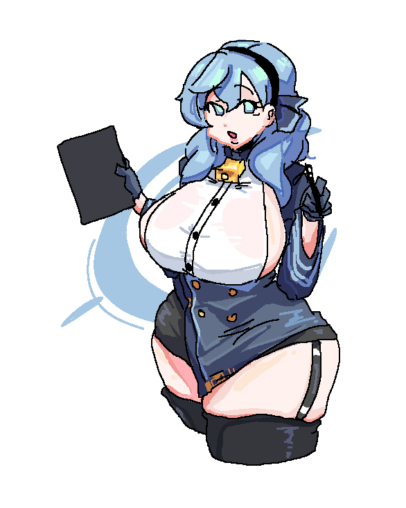 1girls ako_(blue_archive) blue_archive blue_eyes blue_hair blue_ribbon blush breasts button_down_shirt button_up_shirt clipboard cow_bell cowbell female gehenna_academy_student hair_between_eyes hairband headband large_breasts leebongchun long_sleeves pen pencil prefect_team_(blue_archive) ribbon sideboob sideless_outfit solo thigh_squish thigh_strap thighhighs thighs white_background white_topwear