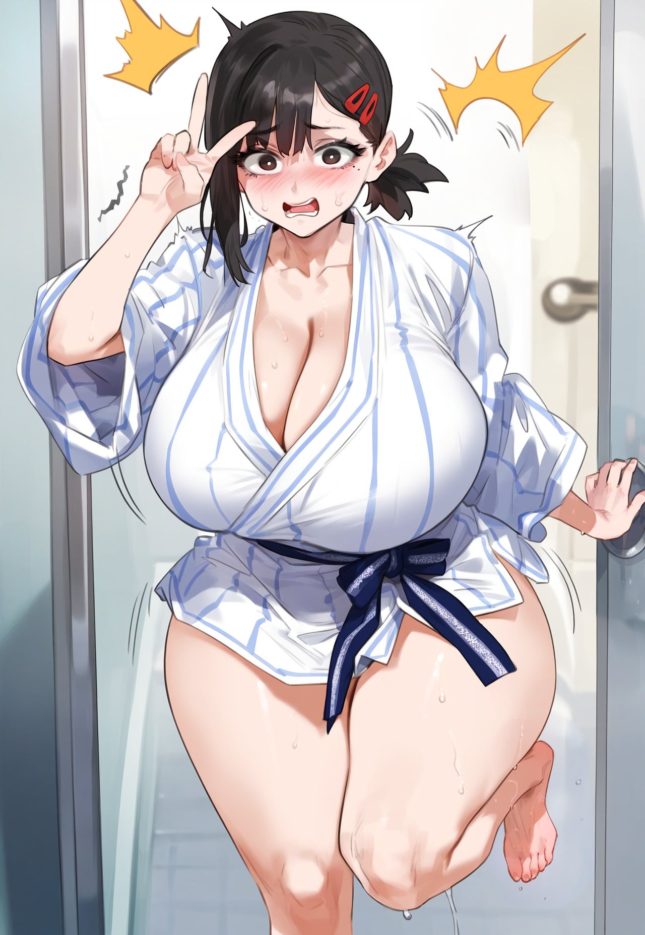 1girls, ai generated, alternate breast size, black hair, blush, breasts, chainsaw man, embarrassed, female, female only, higashiyama kobeni, huge breasts, large breasts, light skin, light-skinned female, lucyla, massive breasts, stable diffusion