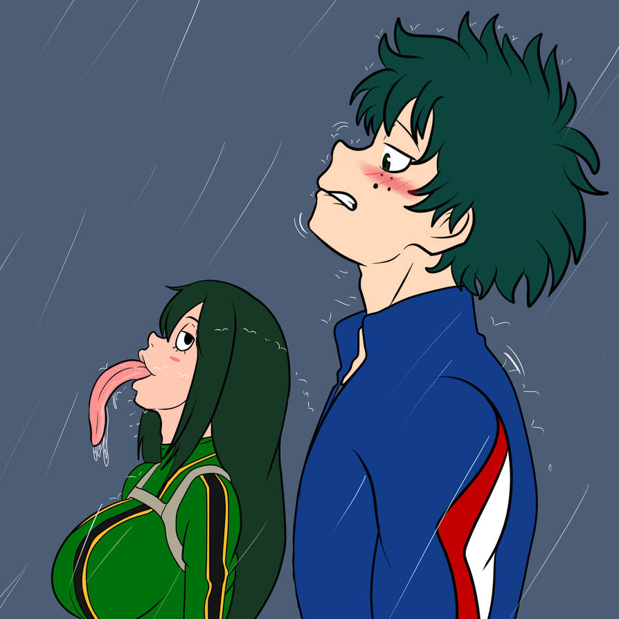 asui_tsuyu big_breasts blush boku_no_hero_academia izuku_midoriya long_tongue my_hero_academia raining soulyagami64 teasing teasing_with_mouth tongue tongue_out tsuyu_asui